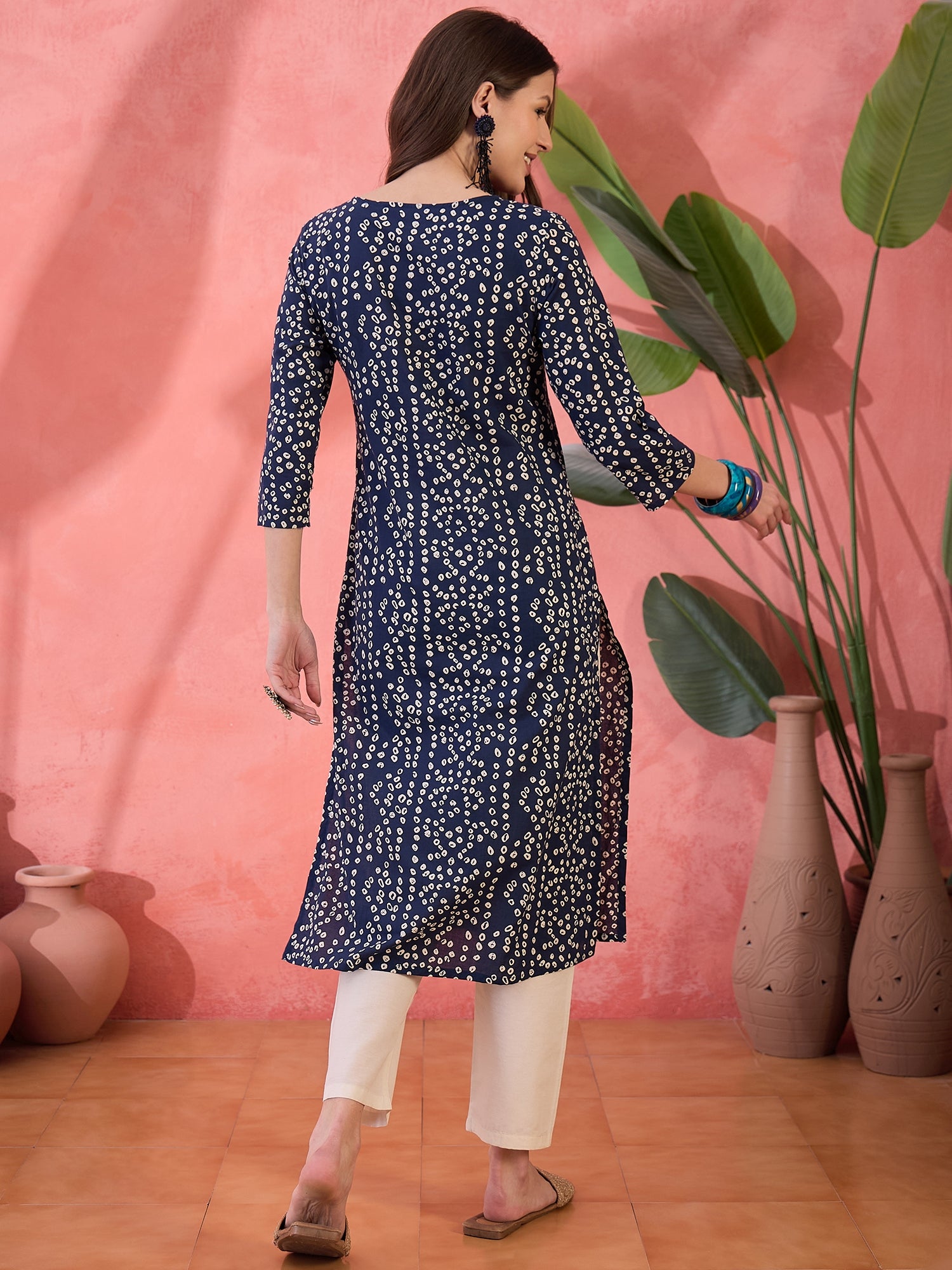 Blue Round Neck Printed Cotton Kurta