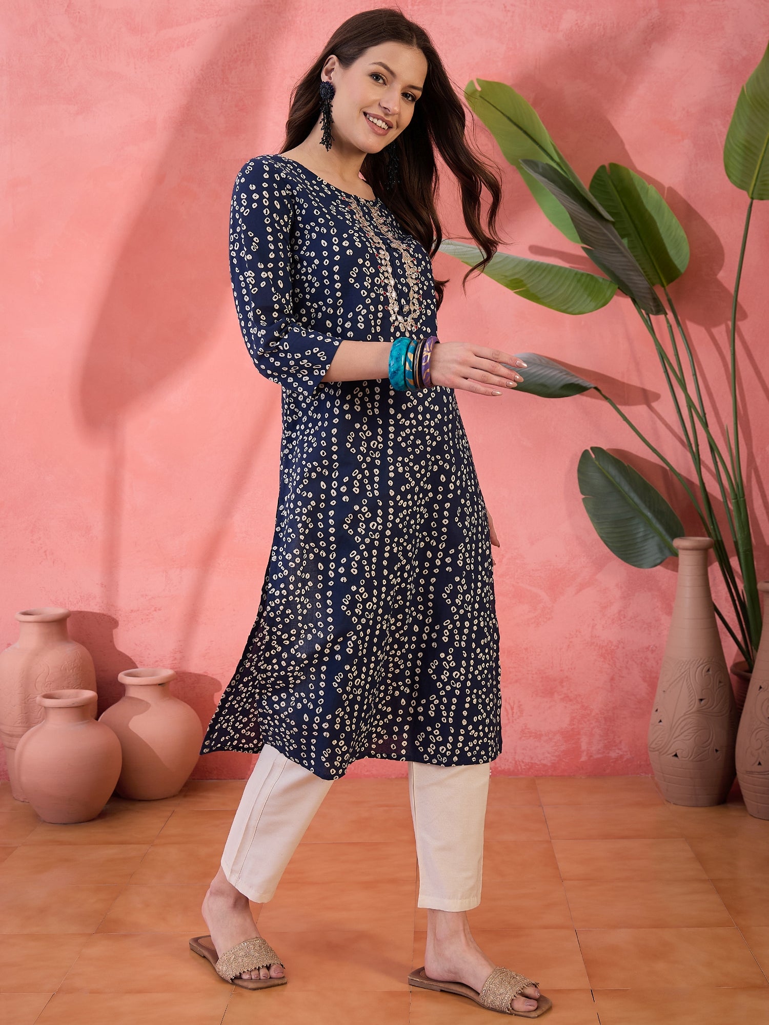 Blue Round Neck Printed Cotton Kurta