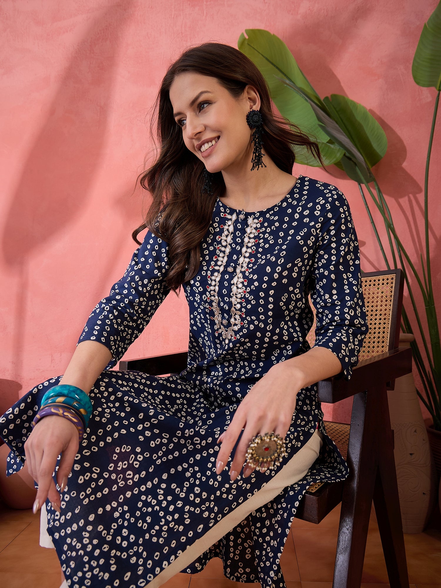 Blue Round Neck Printed Cotton Kurta