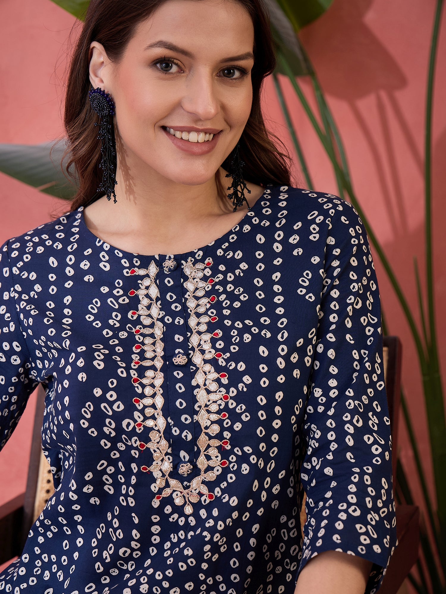 Blue Round Neck Printed Cotton Kurta