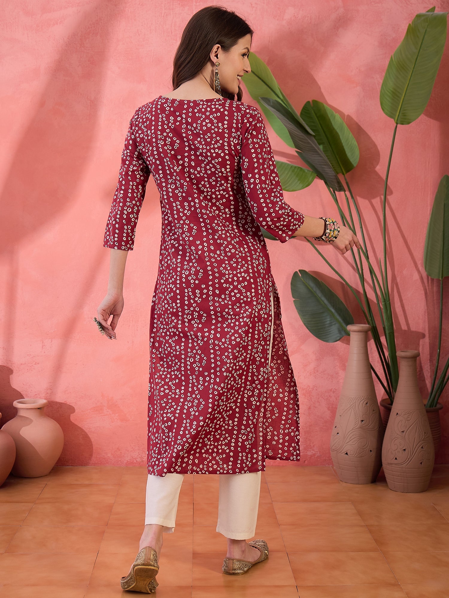 Red Printed Cotton Kurta for Women