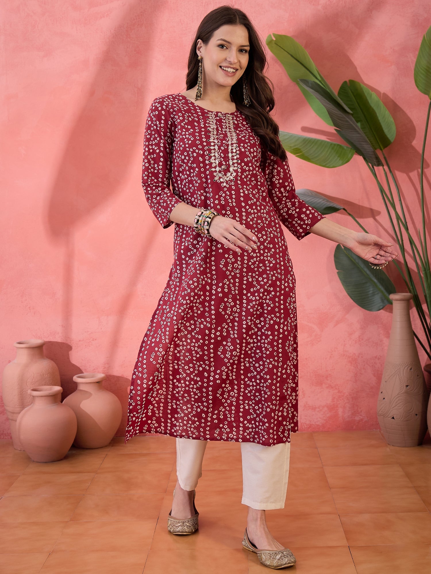 Red Printed Cotton Kurta for Women