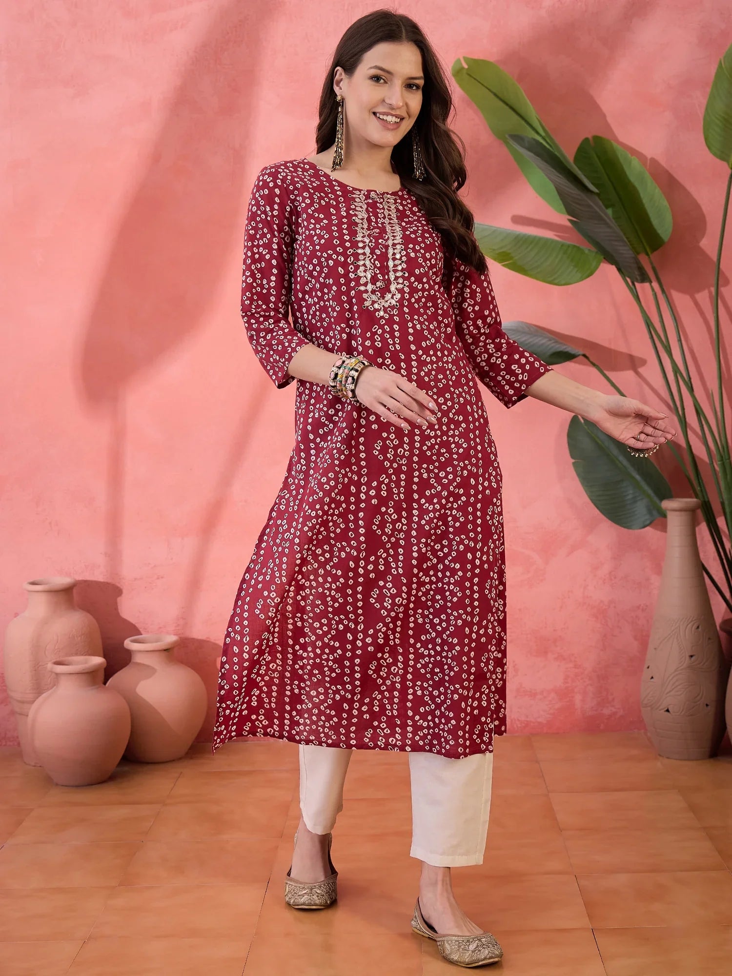 Red Printed Cotton Kurta for Women - SanskrutiHomes