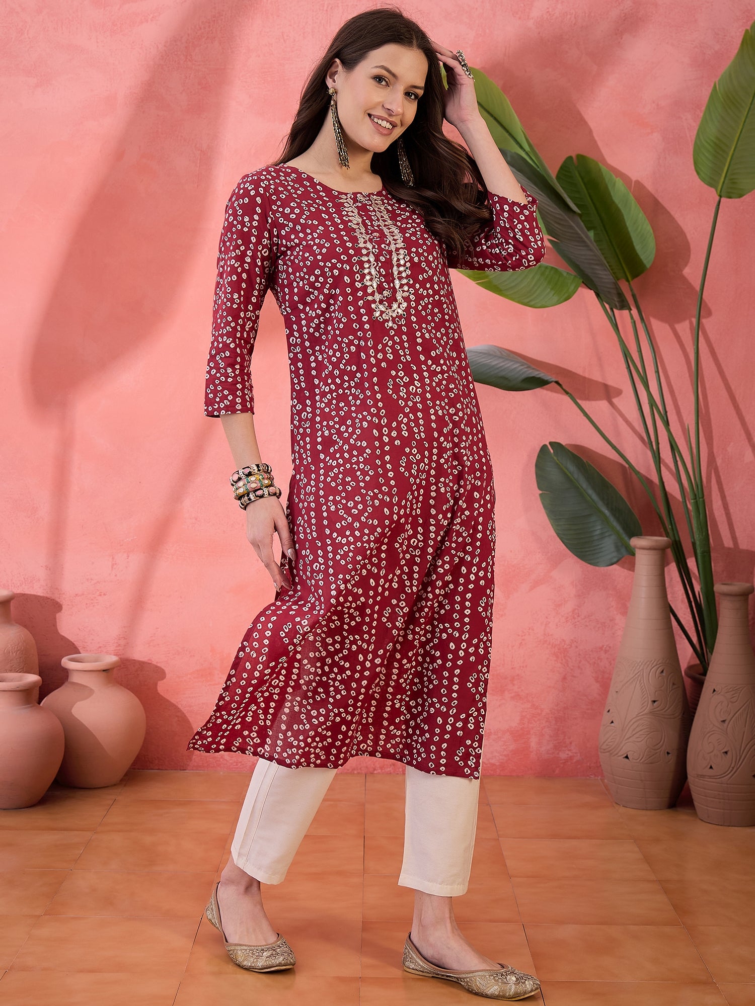 Red Printed Cotton Kurta for Women