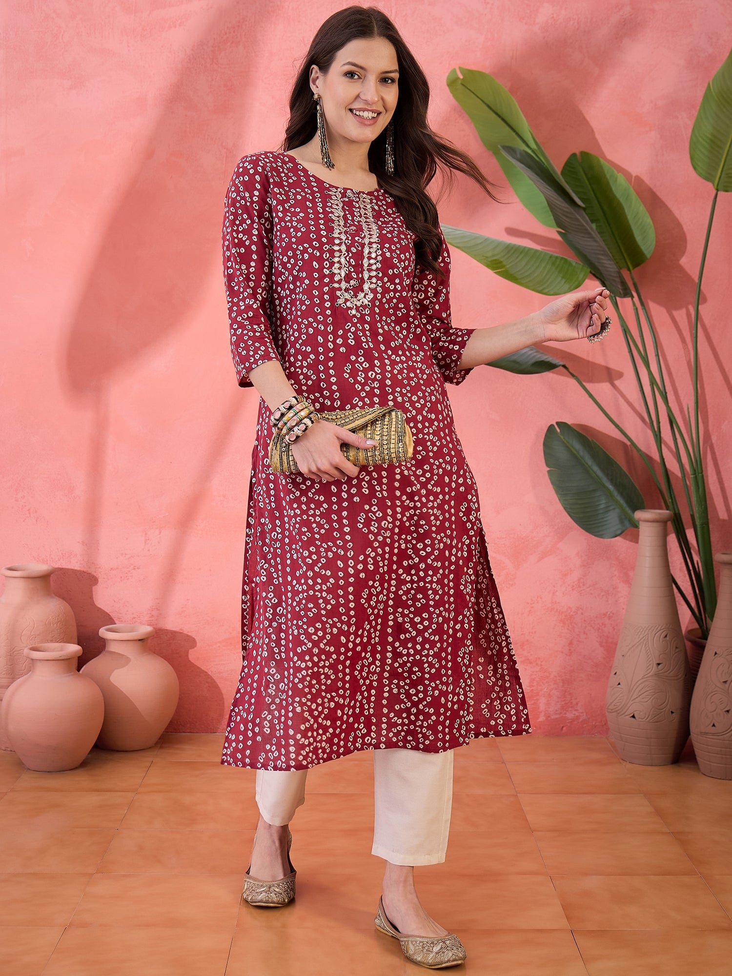 Red Printed Cotton Kurta for Women