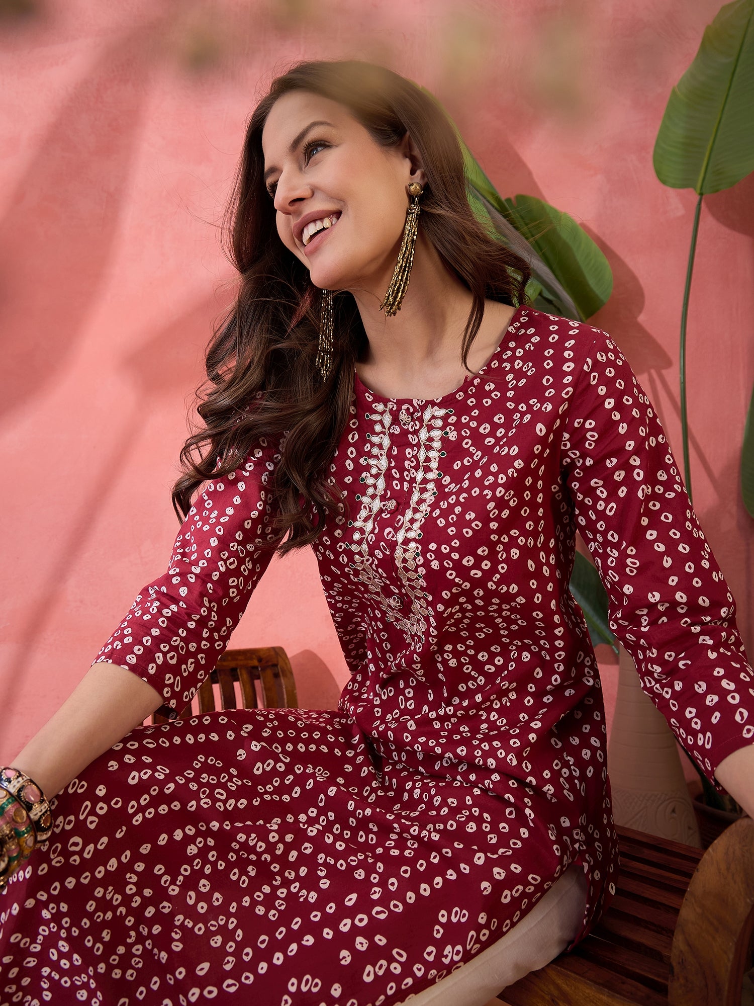 Red Printed Cotton Kurta for Women