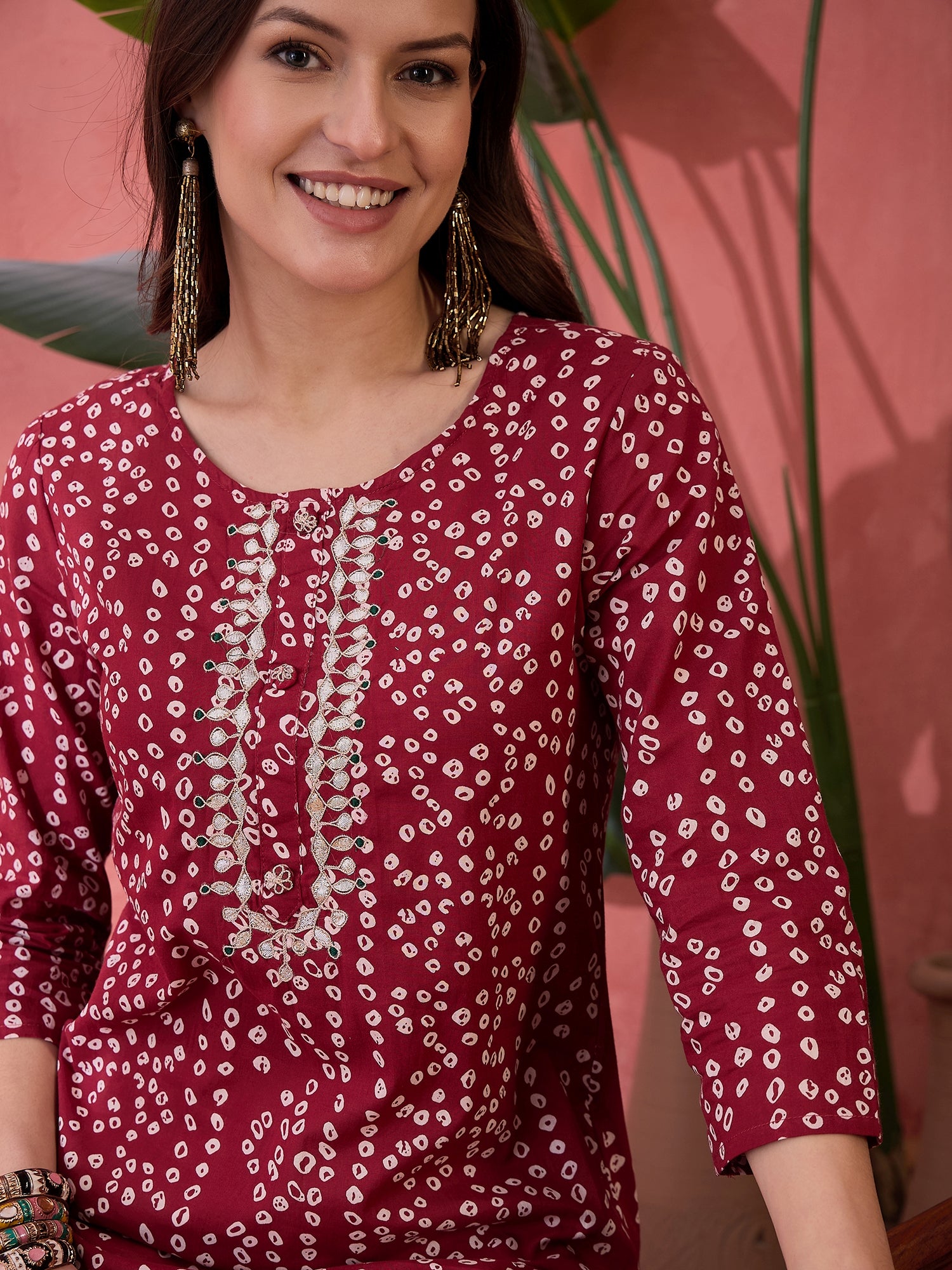 Red Printed Cotton Kurta for Women