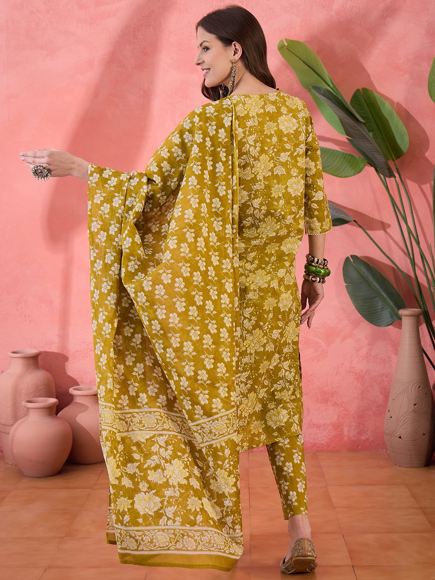 Lime Green Floral Printed Kurta Set for Women