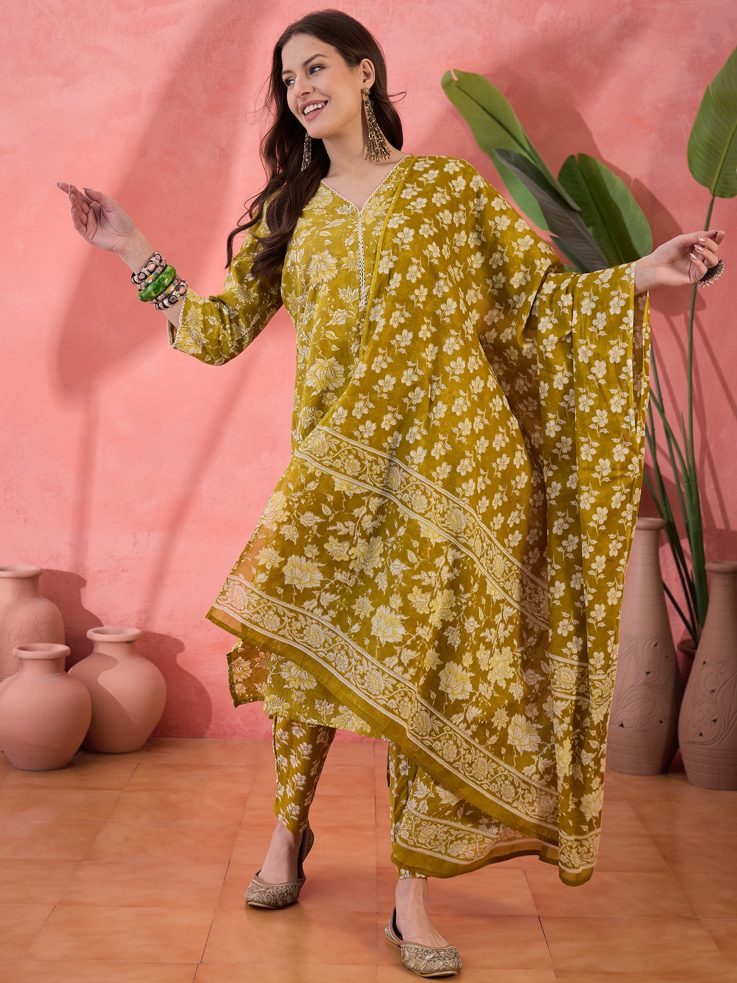 Lime Green Floral Printed Kurta Set for Women