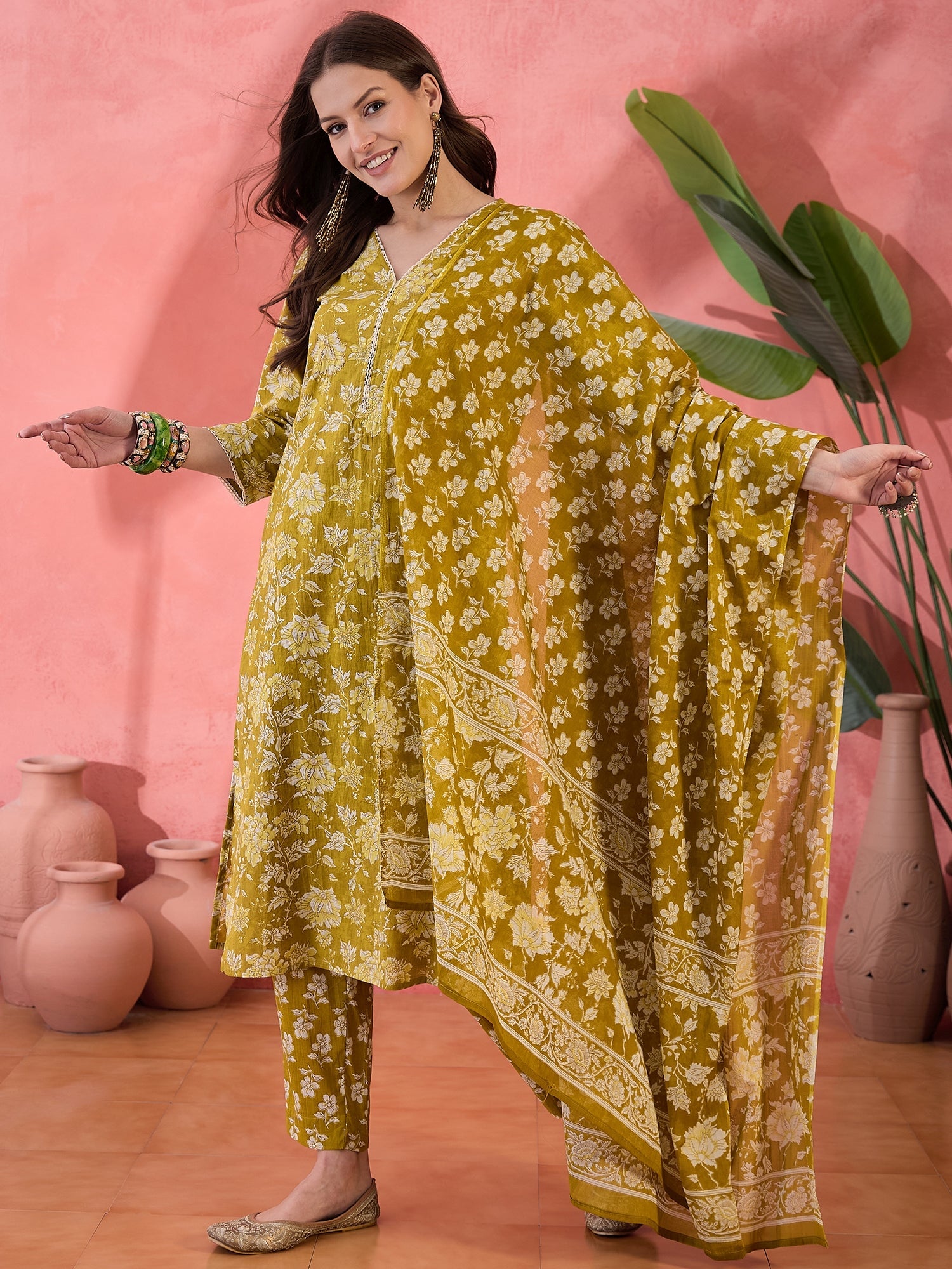 Lime Green Floral Printed Kurta Set for Women - SanskrutiHomes