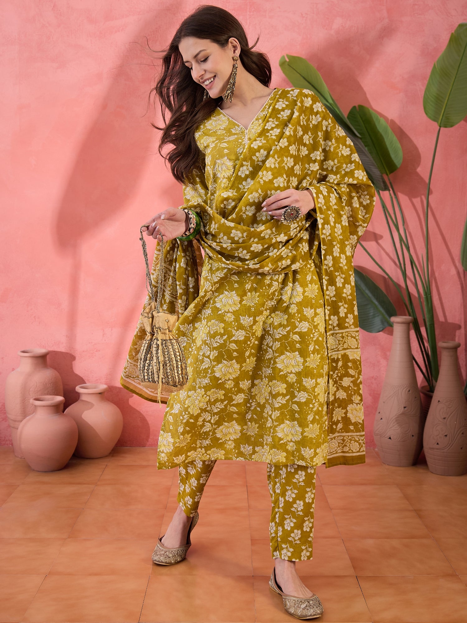Lime Green Floral Printed Kurta Set for Women