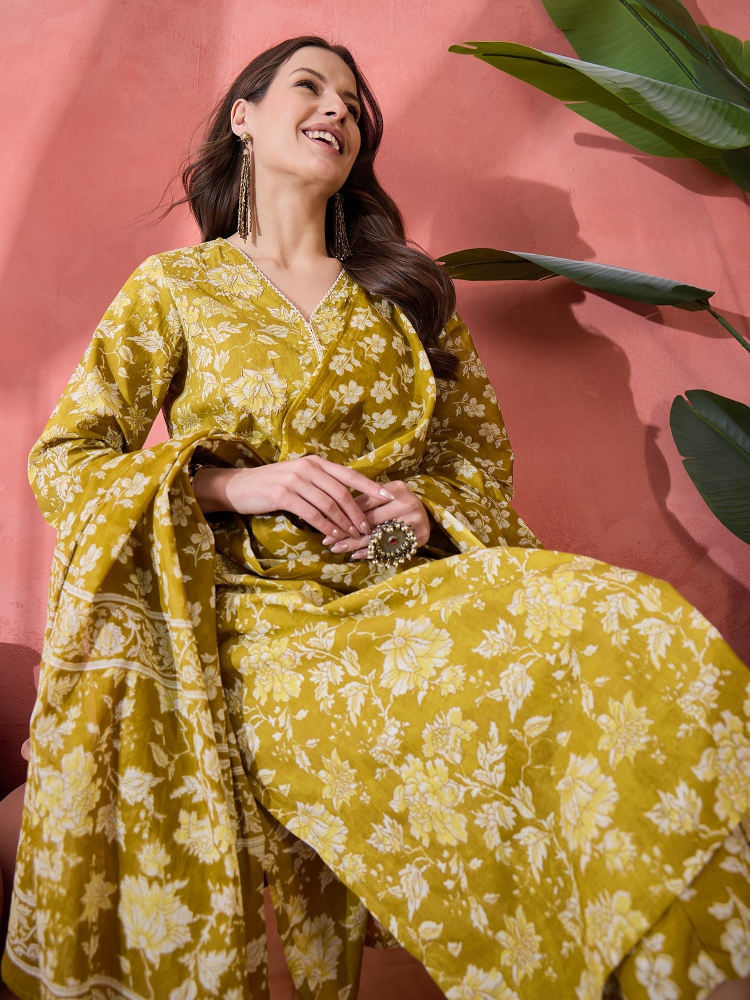 Lime Green Floral Printed Kurta Set for Women - SanskrutiHomes