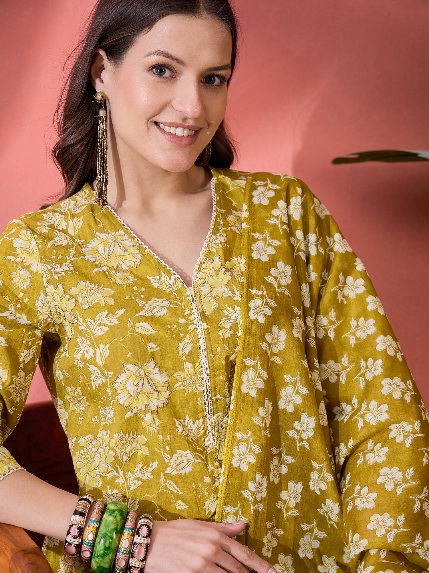 Lime Green Floral Printed Kurta Set for Women