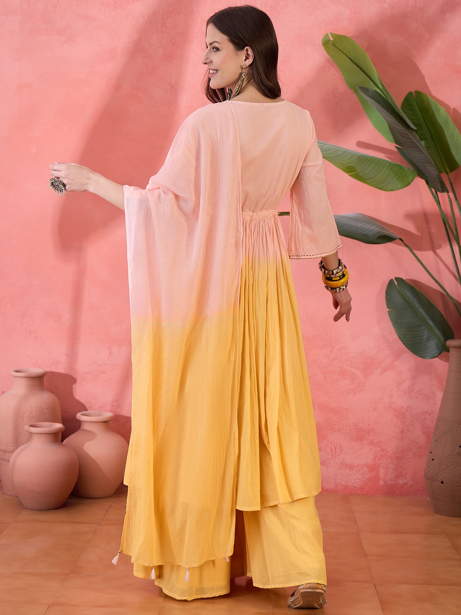Ombre Yellow Solid Print Cotton Kurta Set with Dupatta