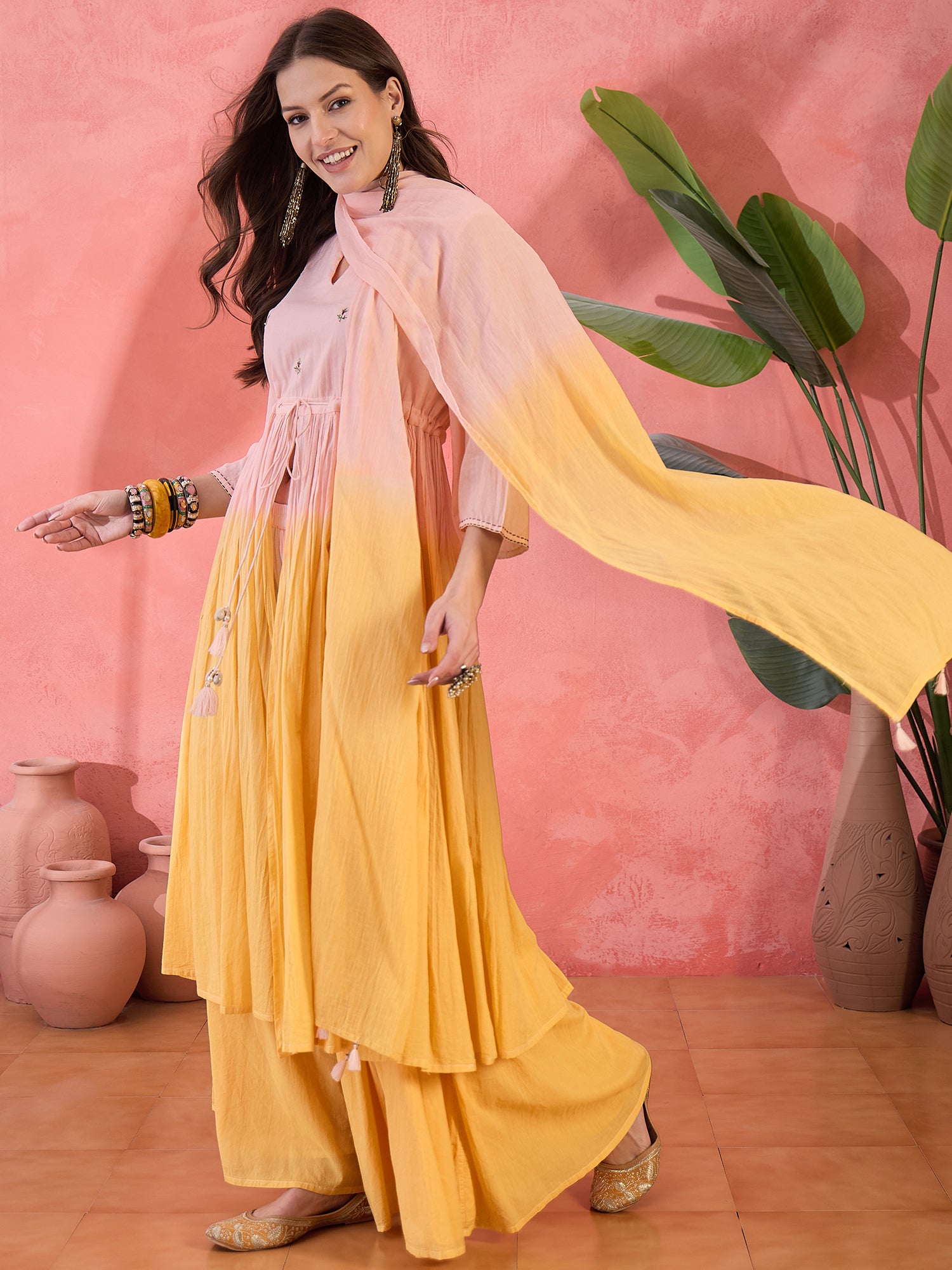Ombre Yellow Solid Print Cotton Kurta Set with Dupatta