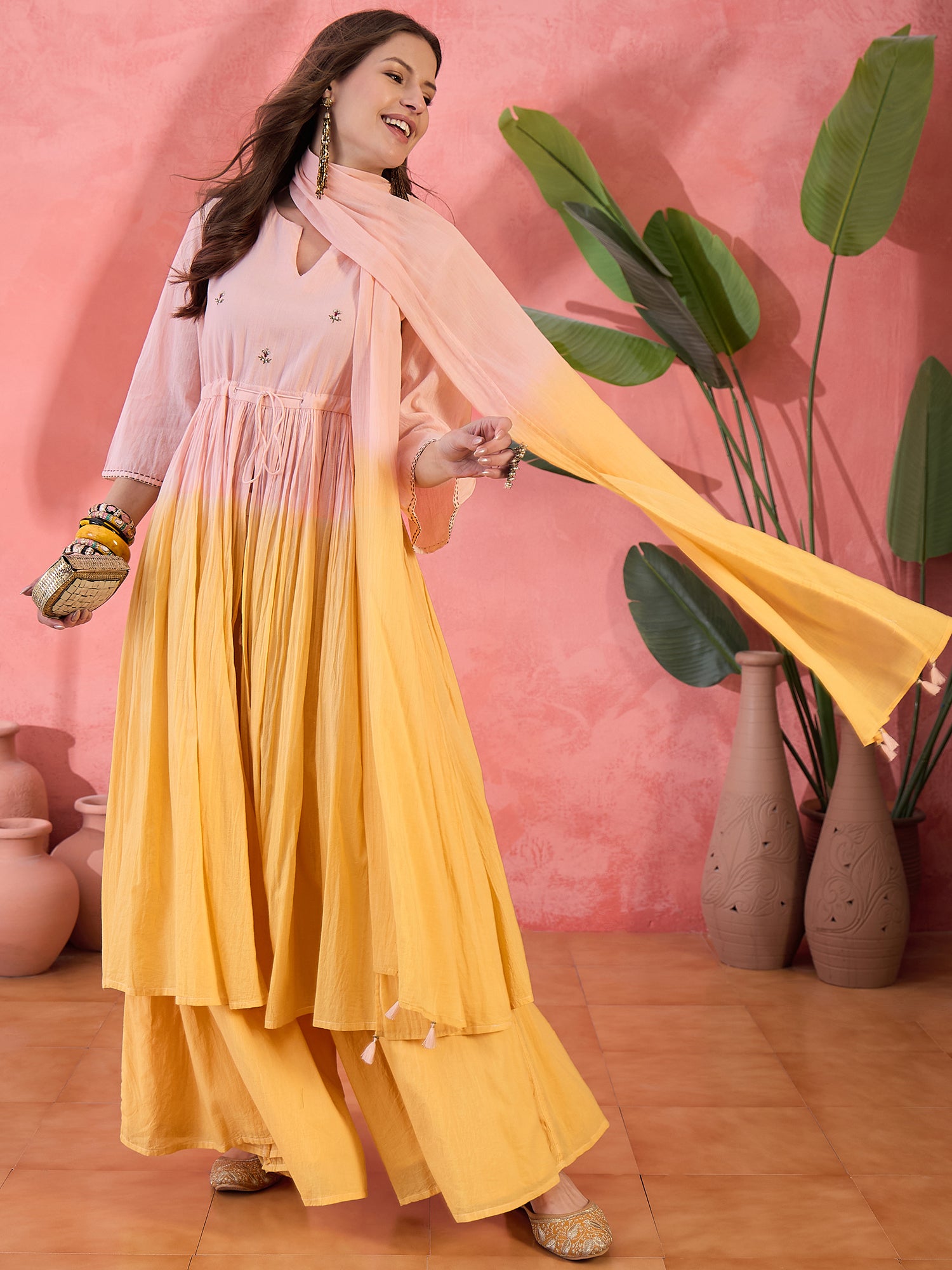 Ombre Yellow Solid Print Cotton Kurta Set with Dupatta