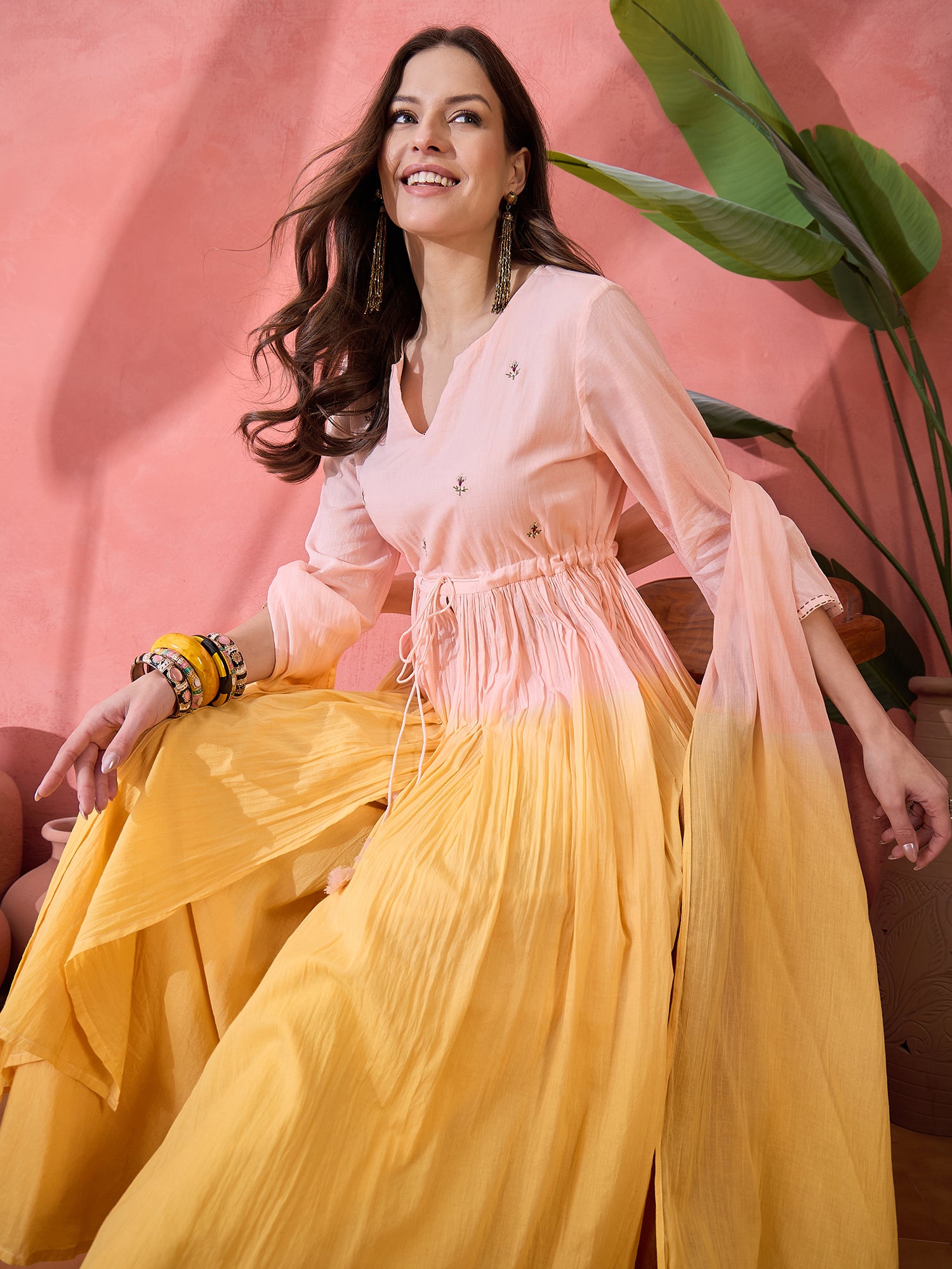 Ombre Yellow Solid Print Cotton Kurta Set with Dupatta