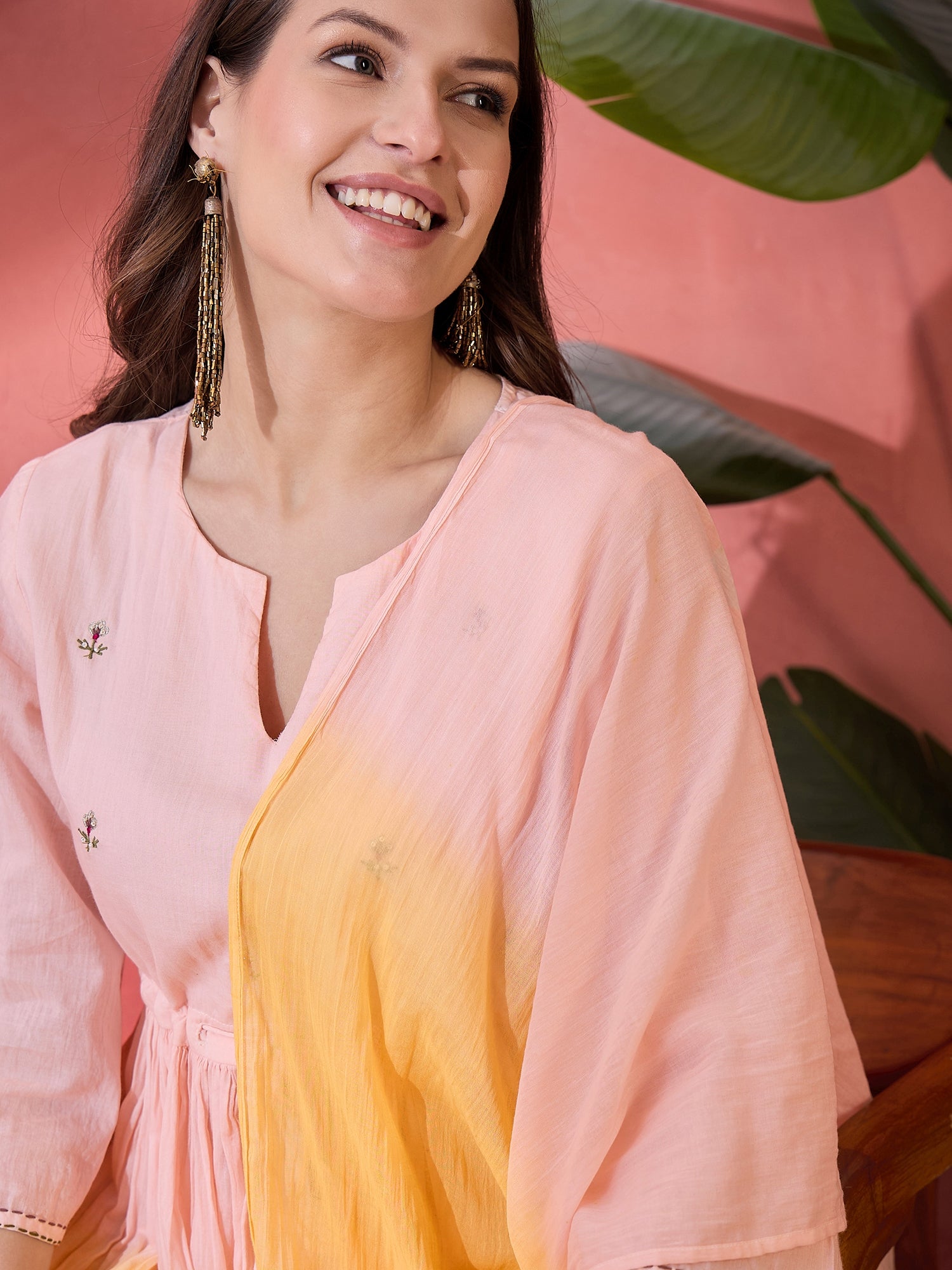 Ombre Yellow Solid Print Cotton Kurta Set with Dupatta