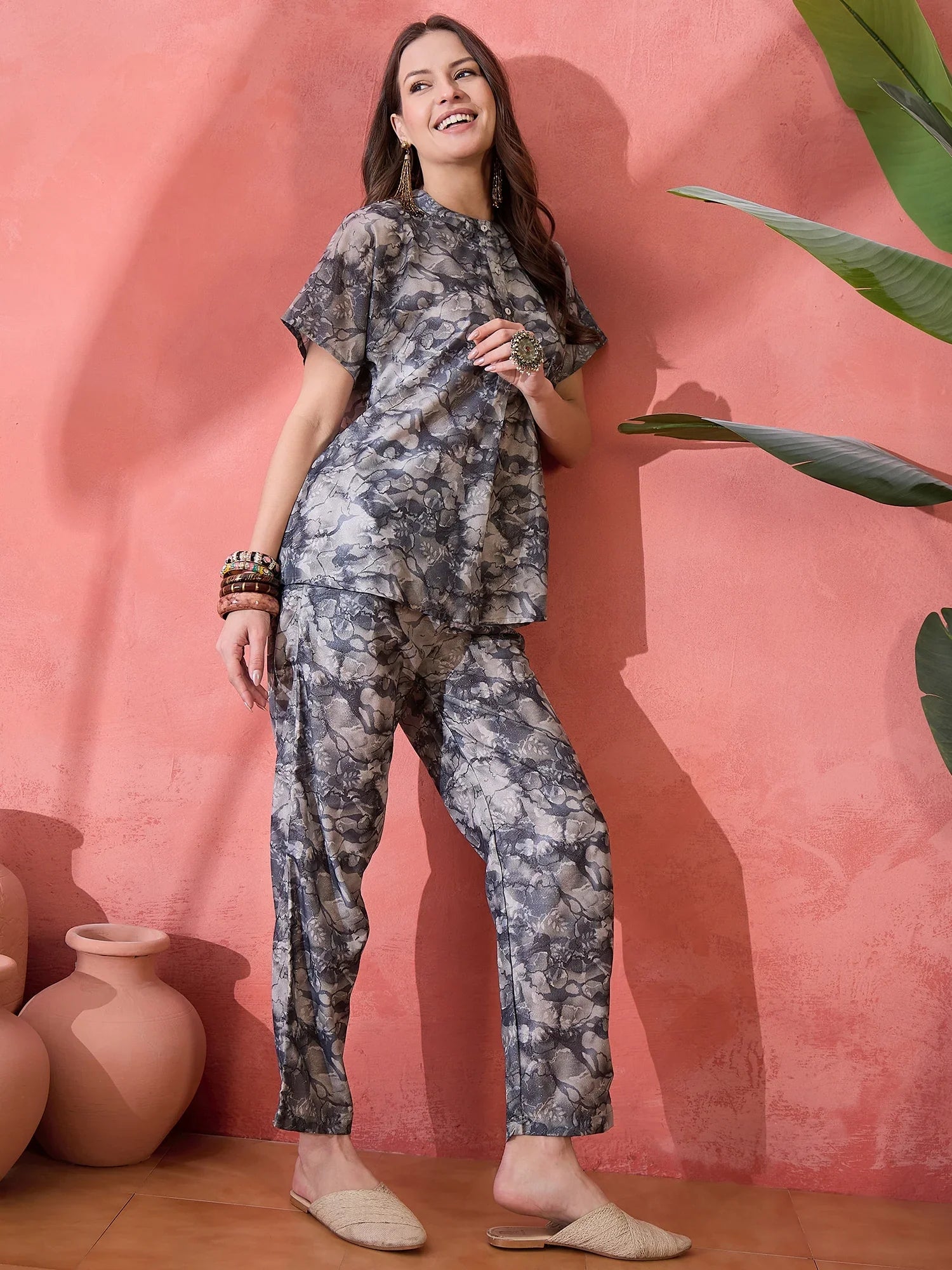 Grey Floral Printed Cotton Co-ords Set - SanskrutiHomes