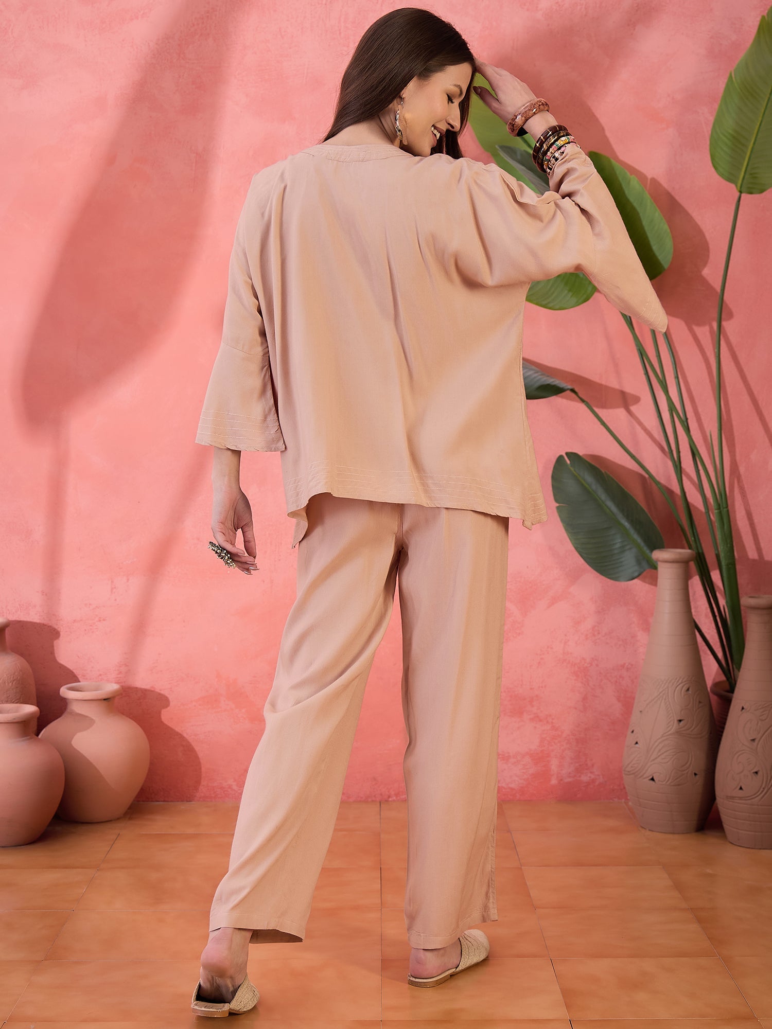 Beige Color Solid Print Co-Ords Set For Women