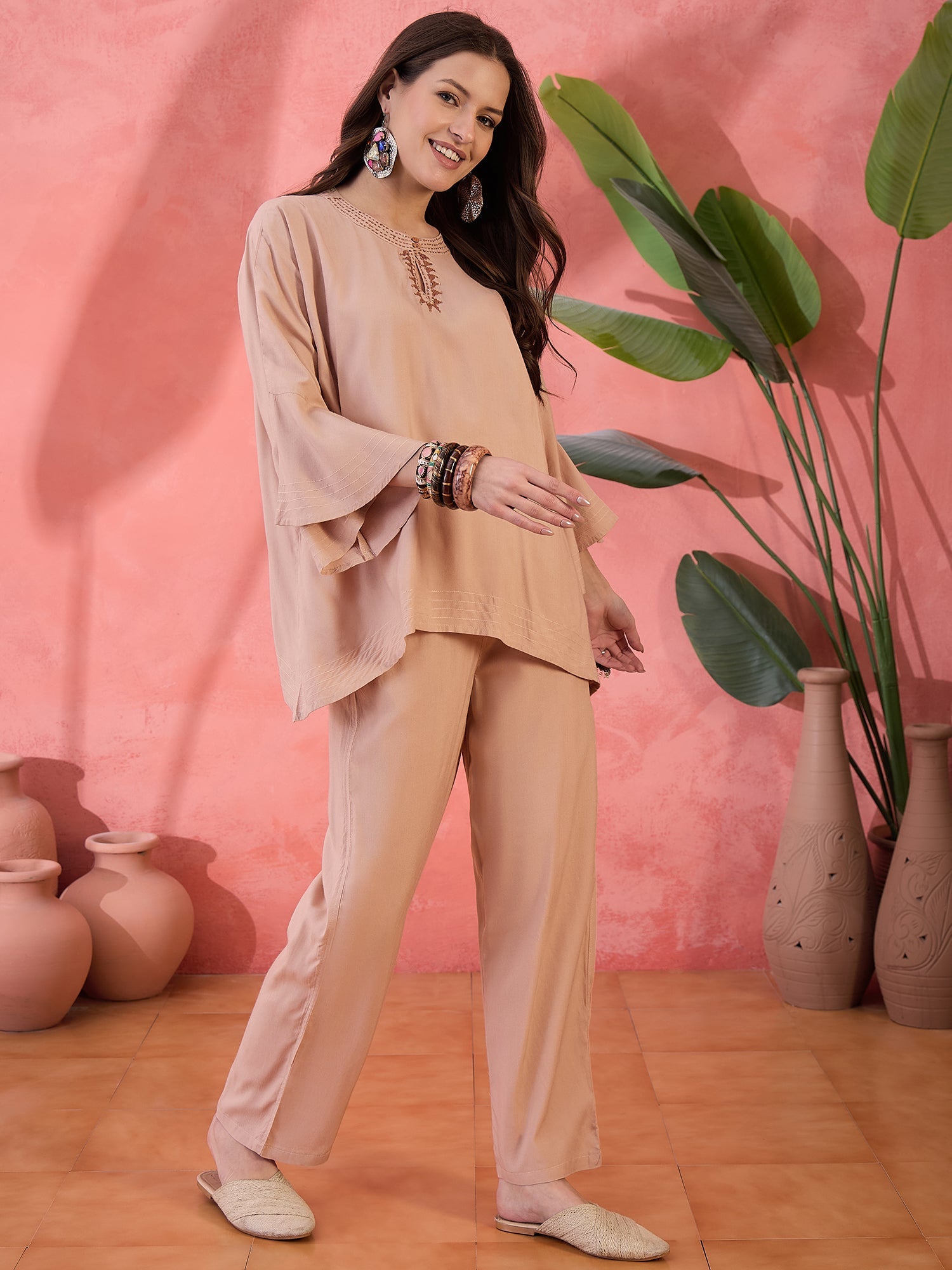 Beige Color Solid Print Co-Ords Set For Women
