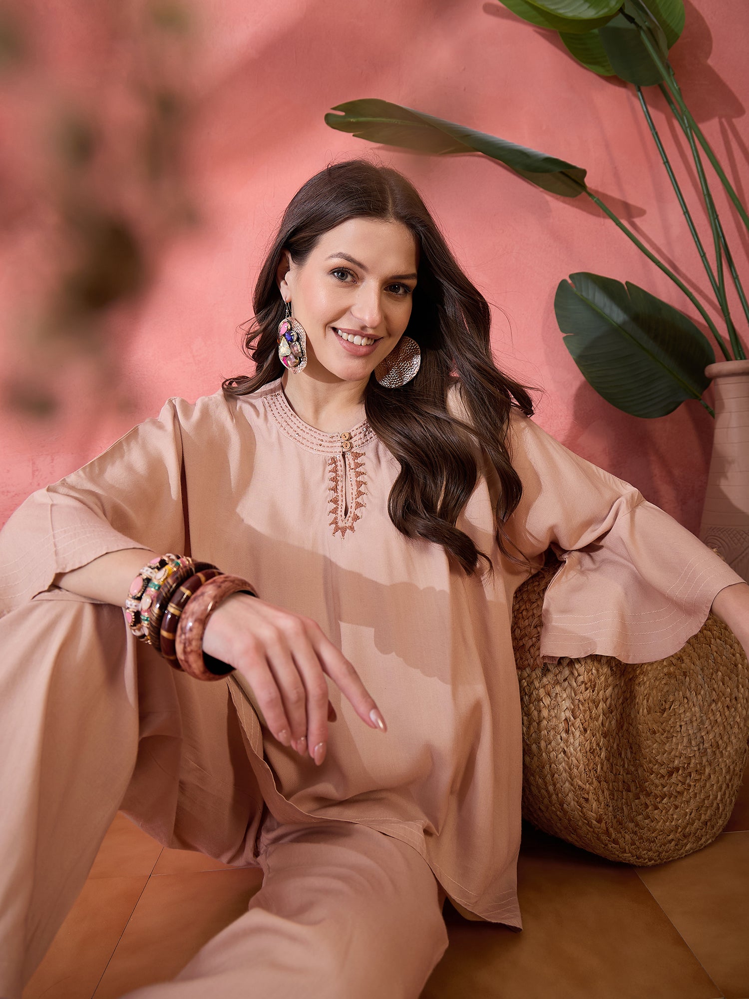 Beige Color Solid Print Co-ords Set for Women