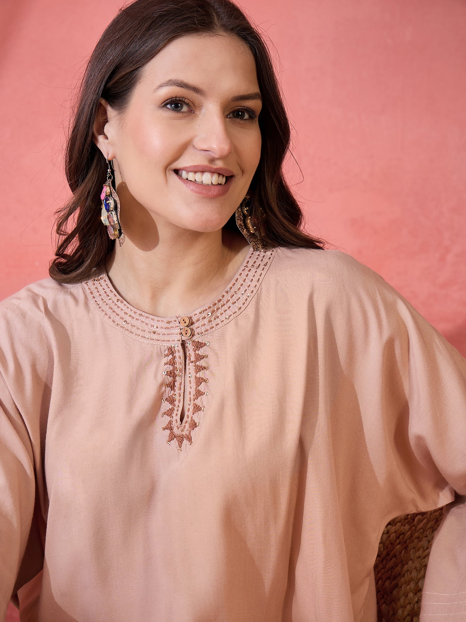 Beige Color Solid Print Co-ords Set for Women