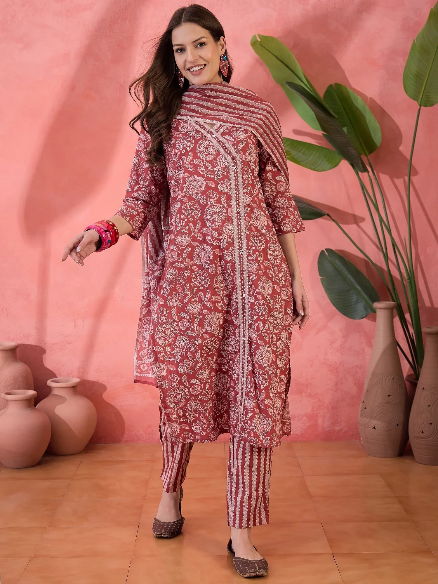 Red Floral Printed Kurta Set For Women