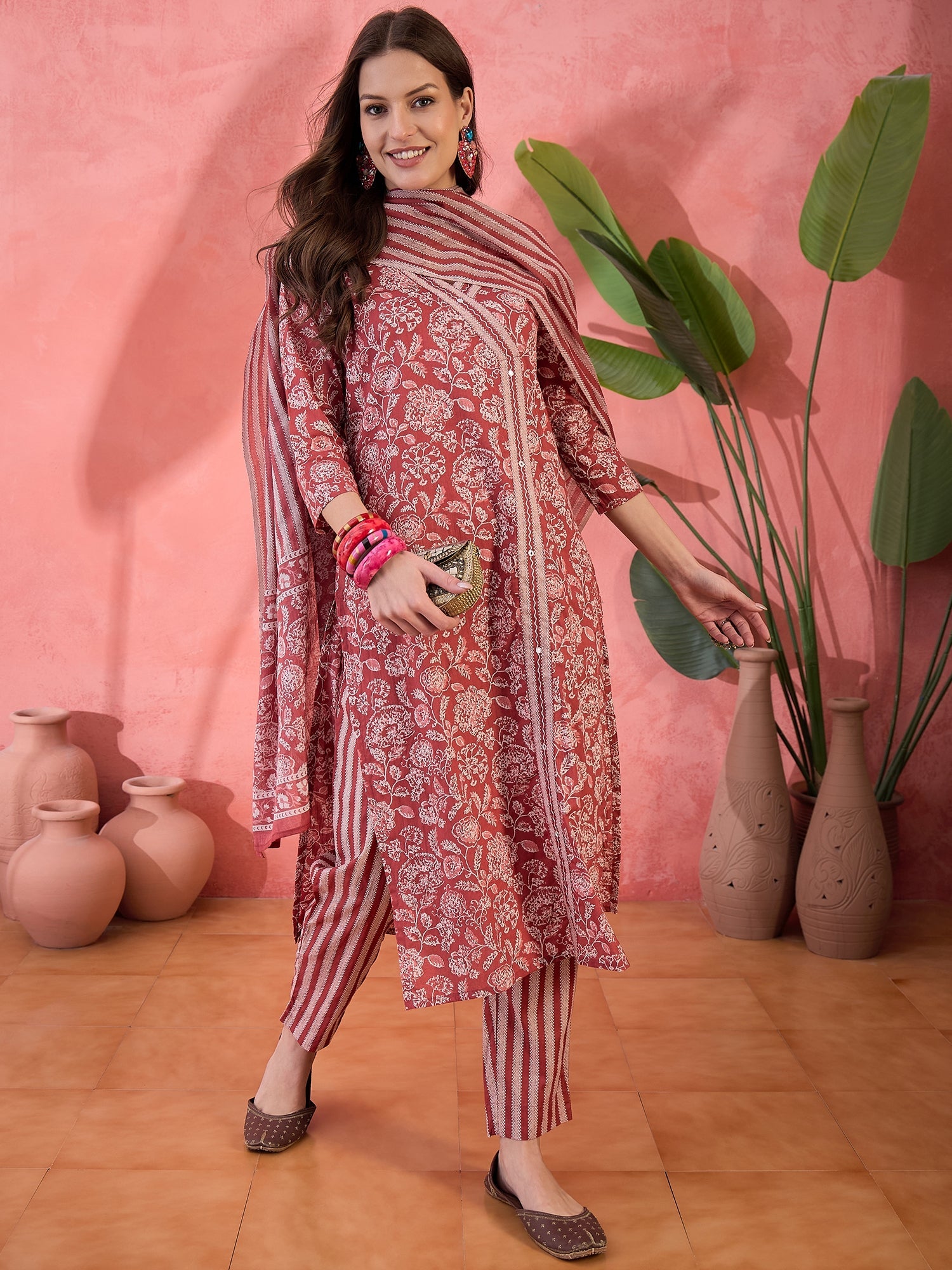 Red Floral Printed Kurta Set For Women