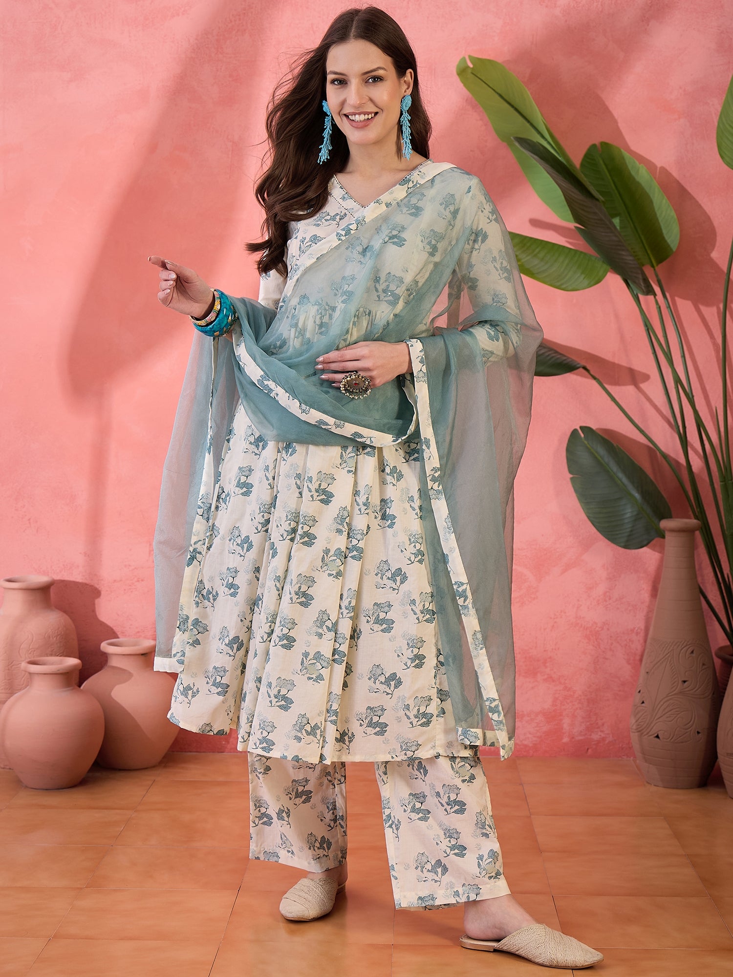 Off White Floral Printed Kurta Set for Women