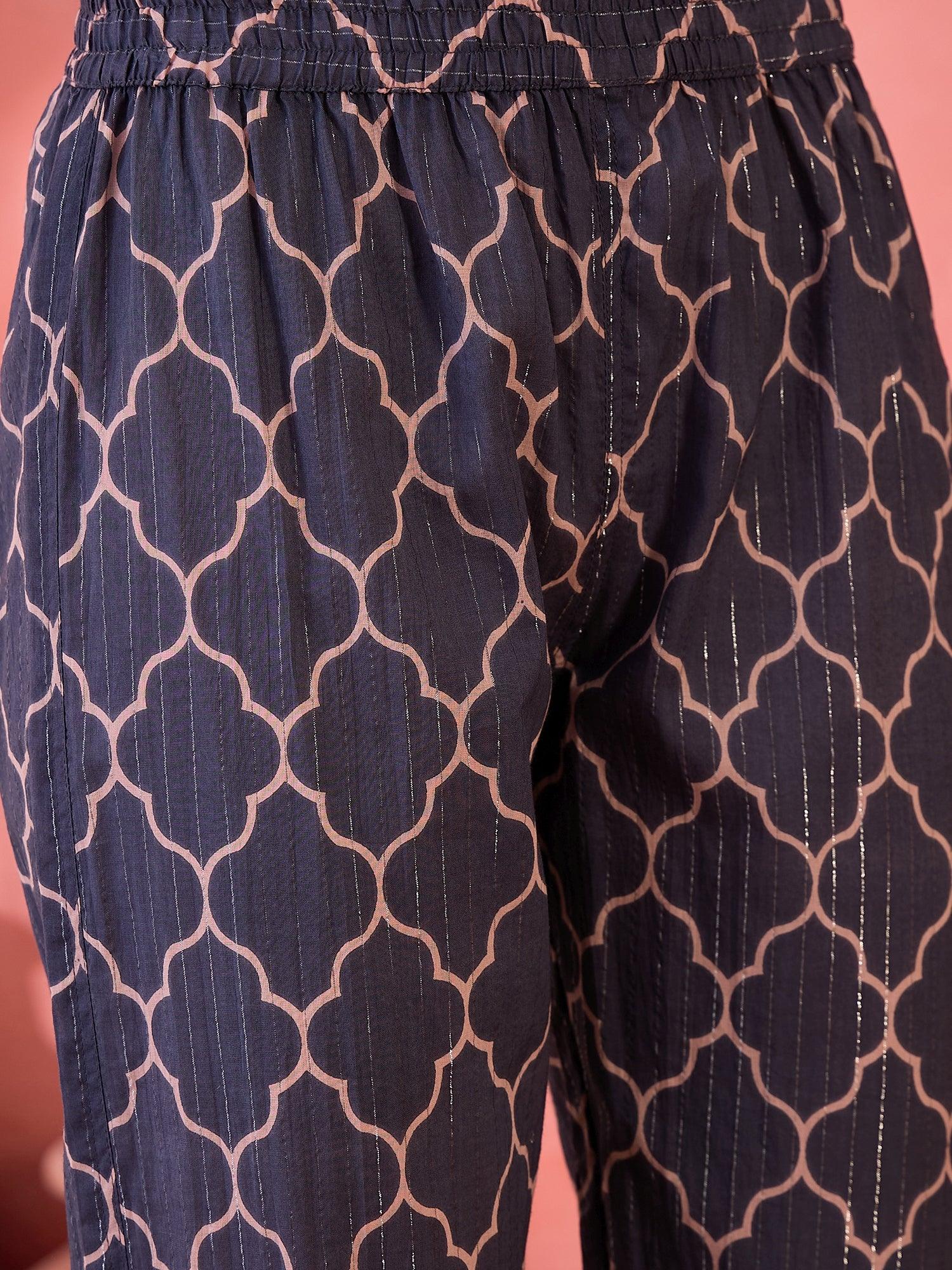 Blue Floral Printed Cotton Kurta Set with Dupatta - SanskrutiHomes