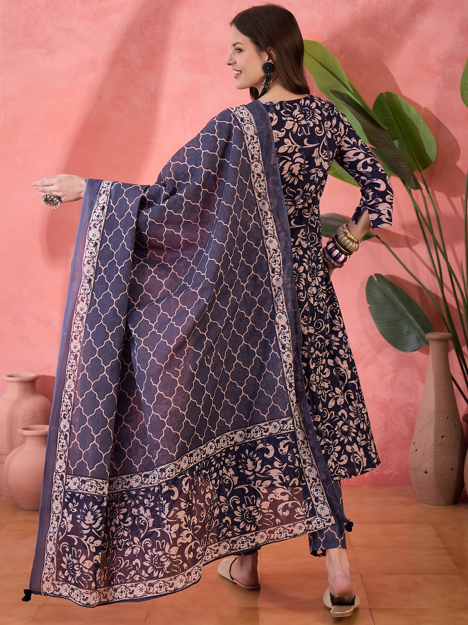Blue Floral Printed Cotton Kurta Set with Dupatta