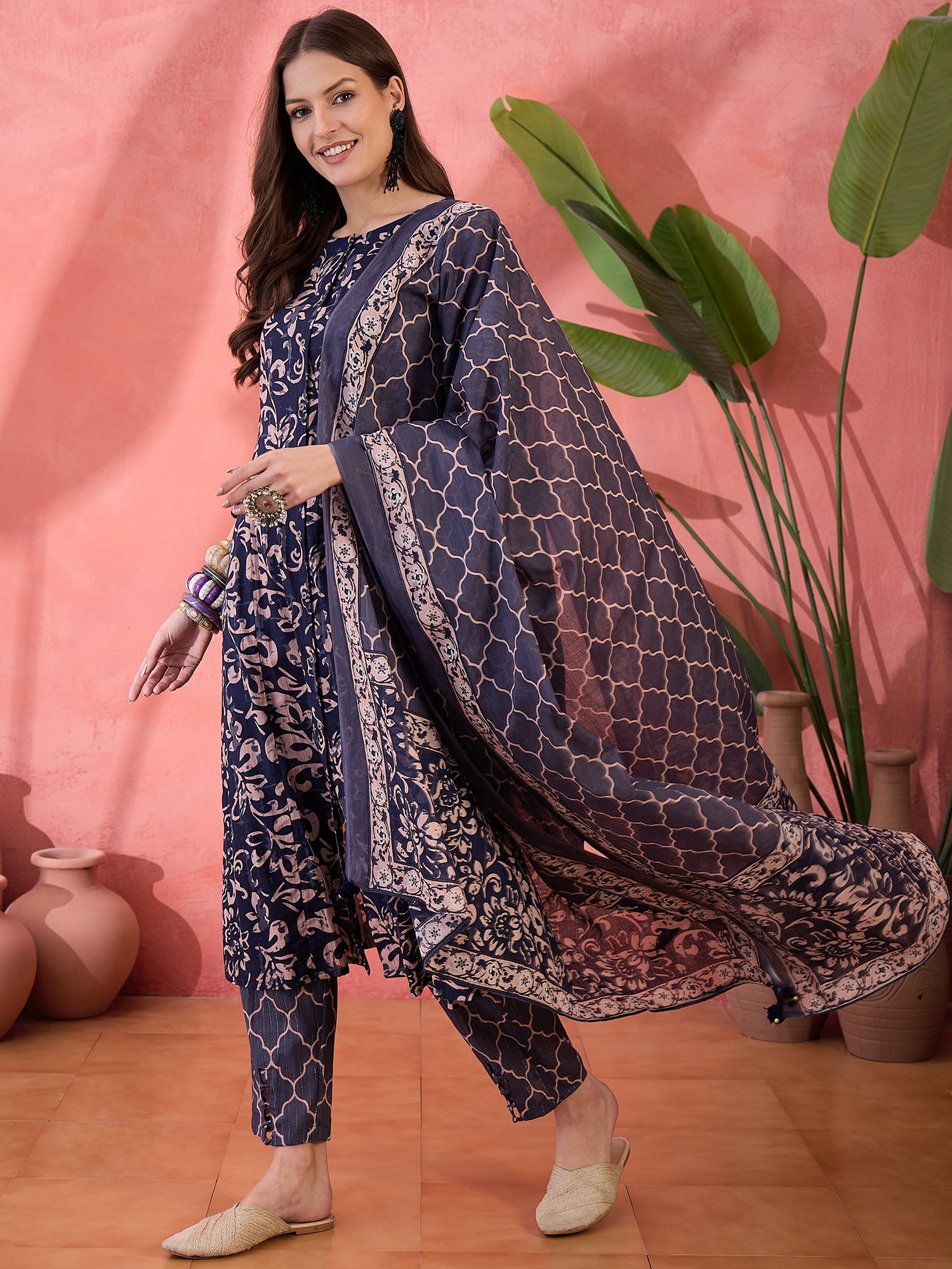 Blue Floral Printed Cotton Kurta Set with Dupatta