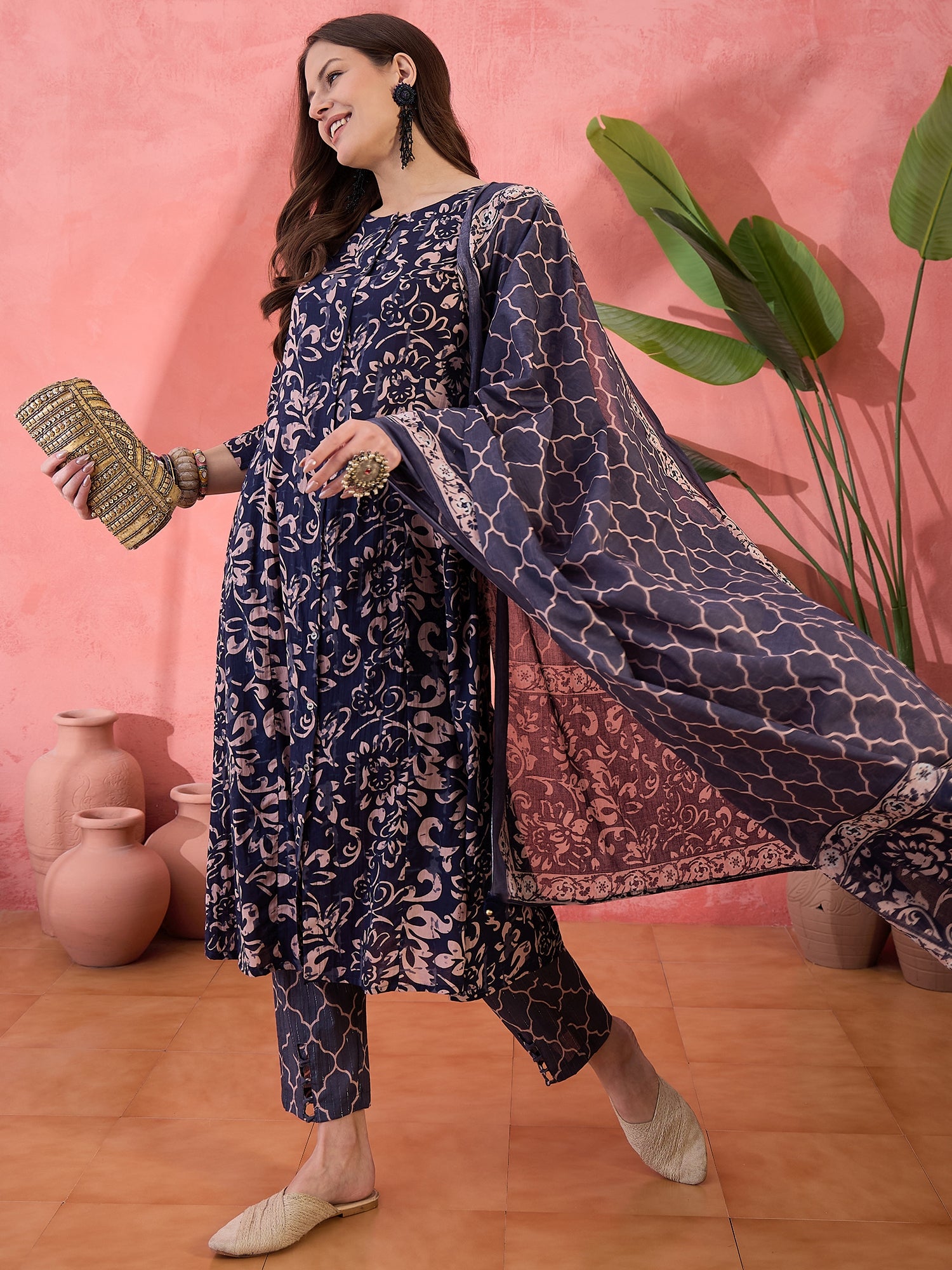 Blue Floral Printed Cotton Kurta Set with Dupatta