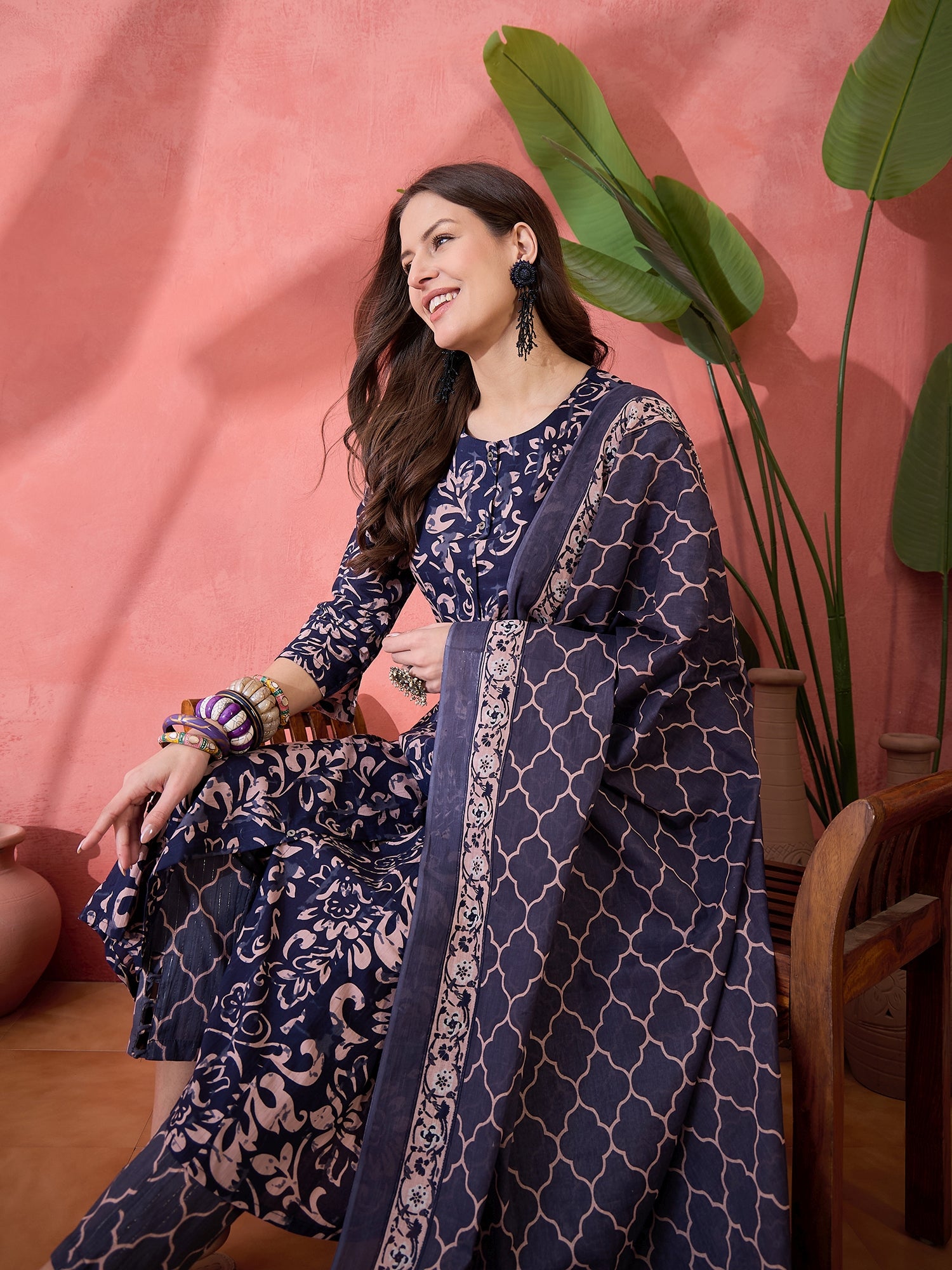 Blue Floral Printed Cotton Kurta Set with Dupatta