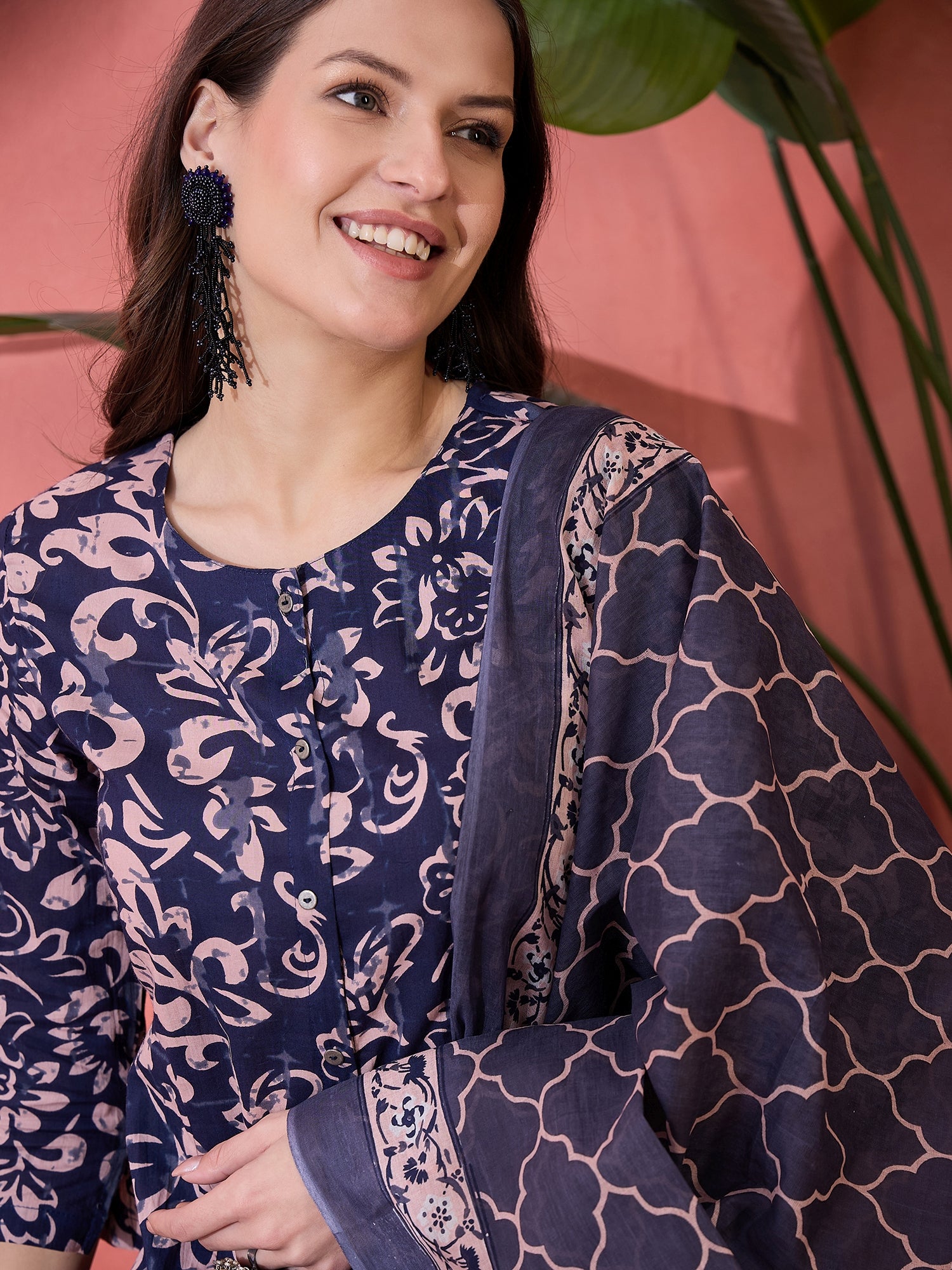 Blue Floral Printed Cotton Kurta Set with Dupatta