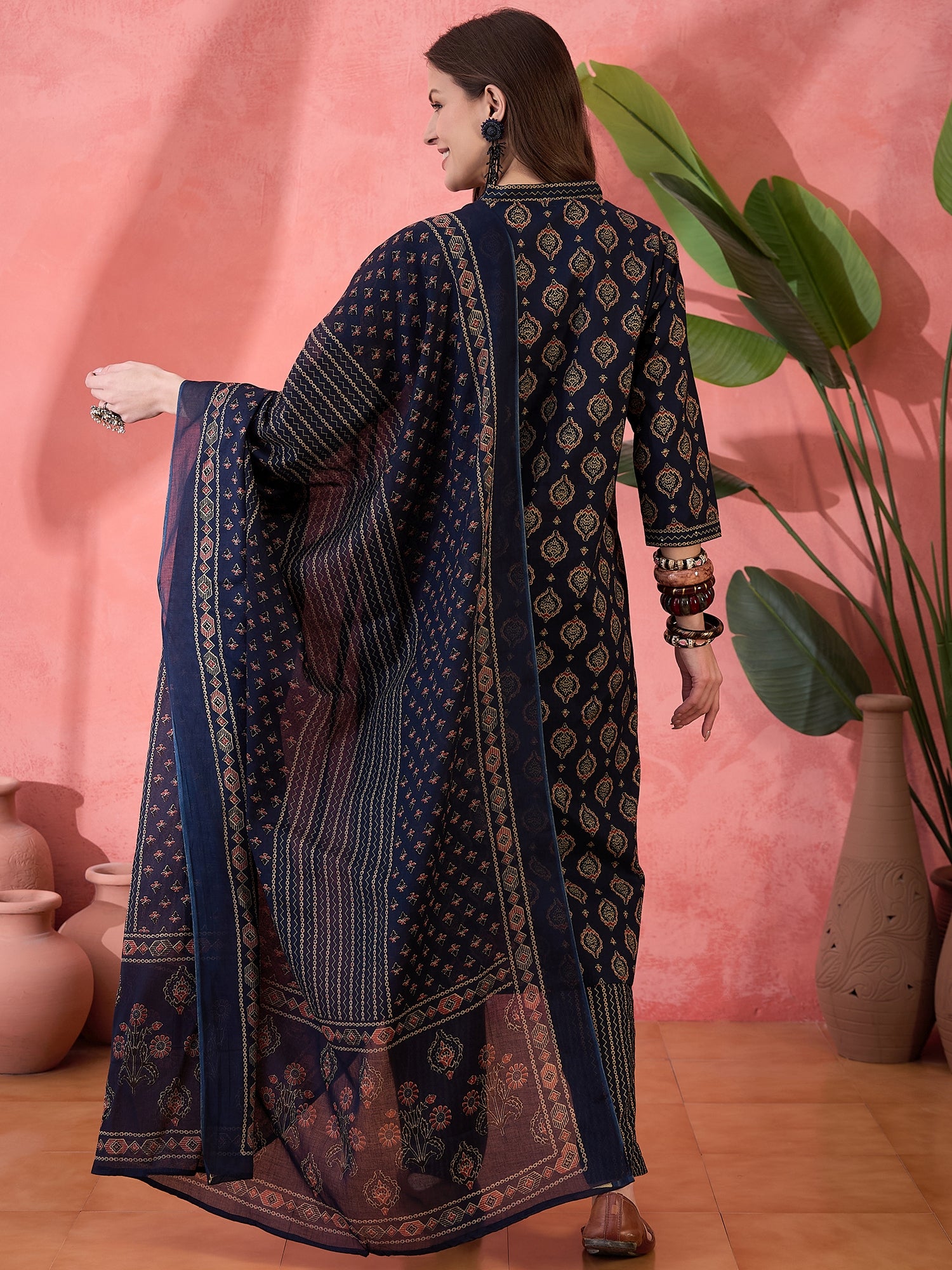 Navy Blue ethnic motifs Printed Cotton Kurta Set for Women