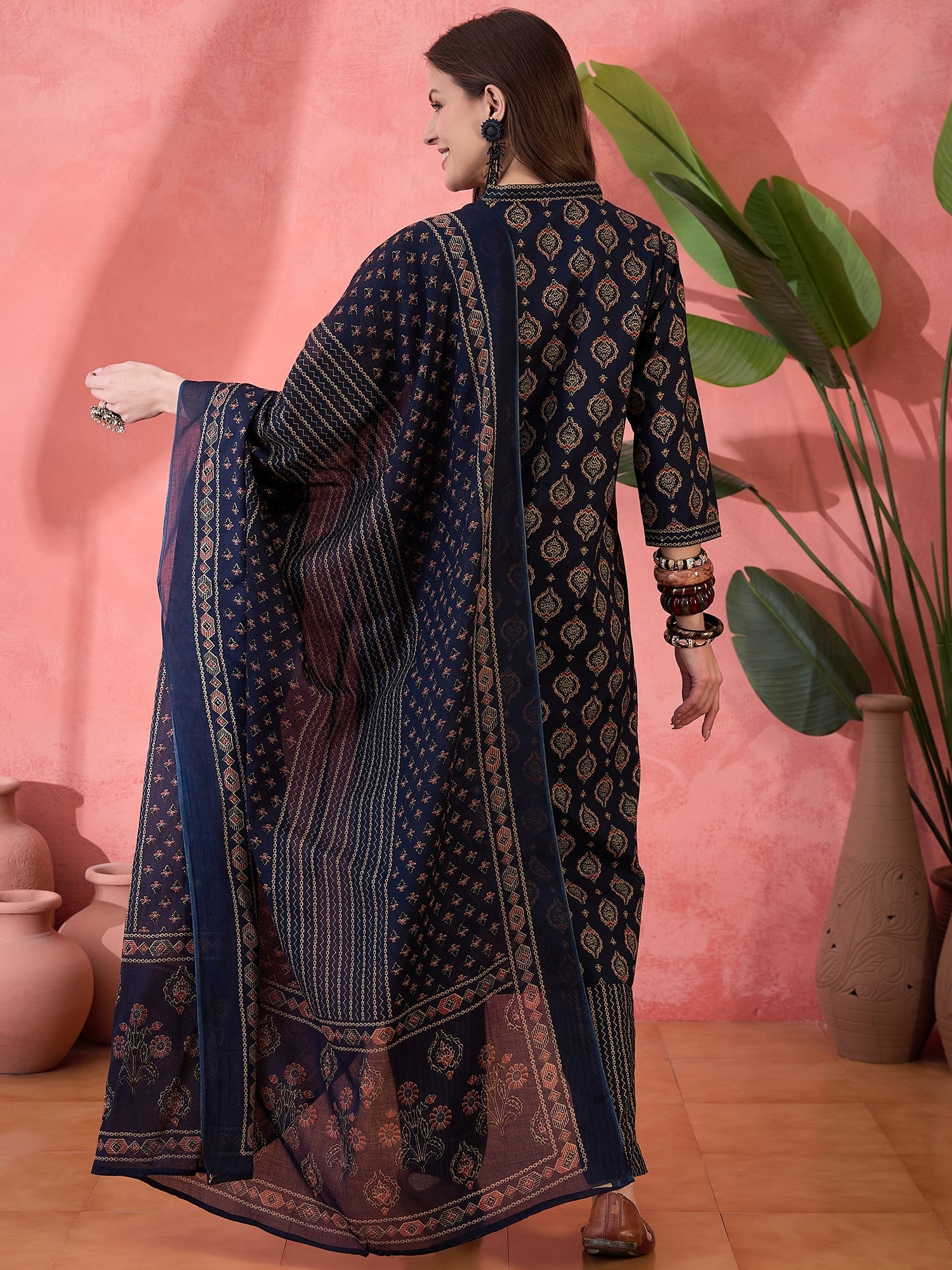 Navy Blue ethnic motifs Printed Cotton Kurta Set for Women - SanskrutiHomes