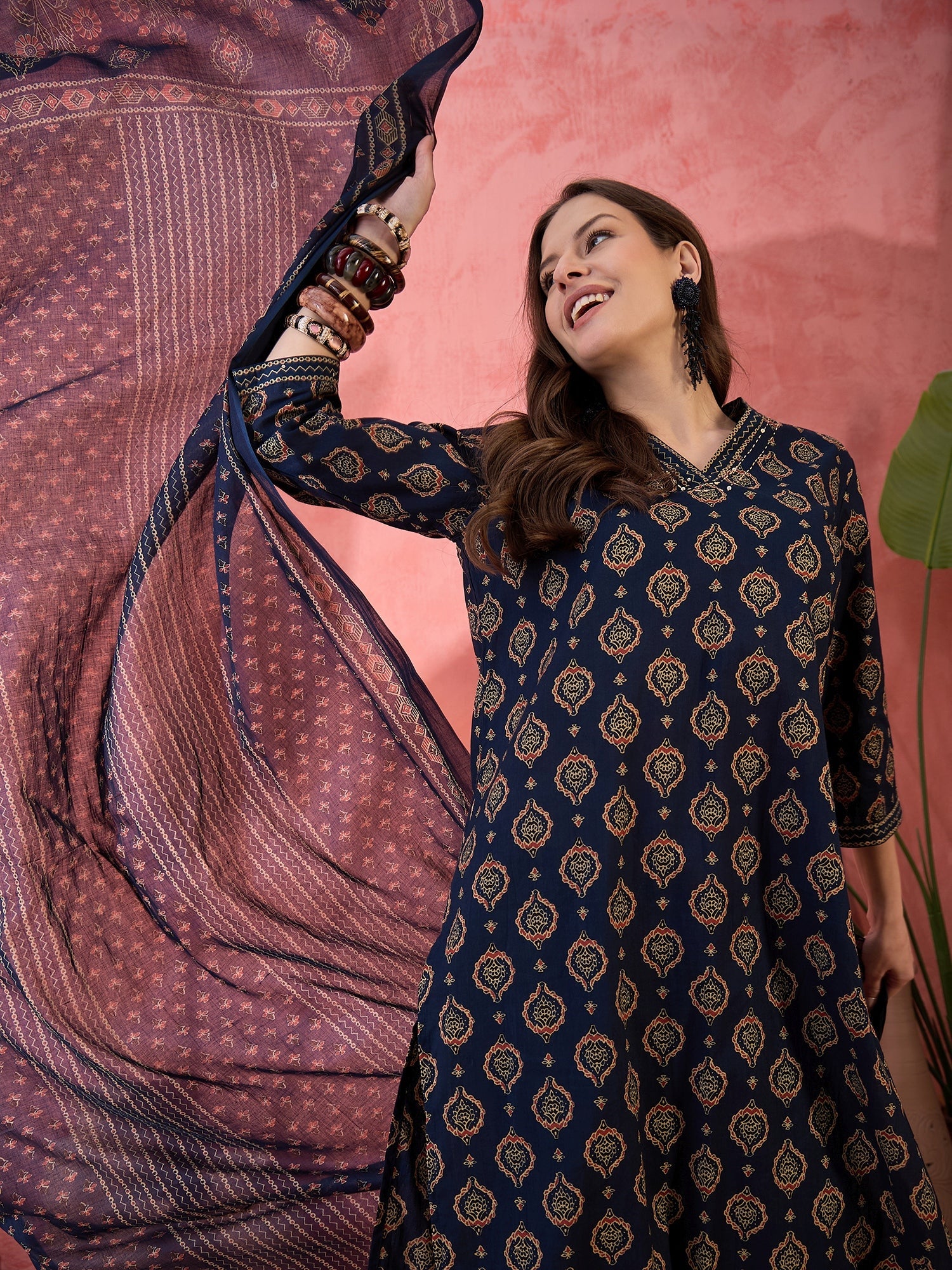 Navy Blue ethnic motifs Printed Cotton Kurta Set for Women - SanskrutiHomes