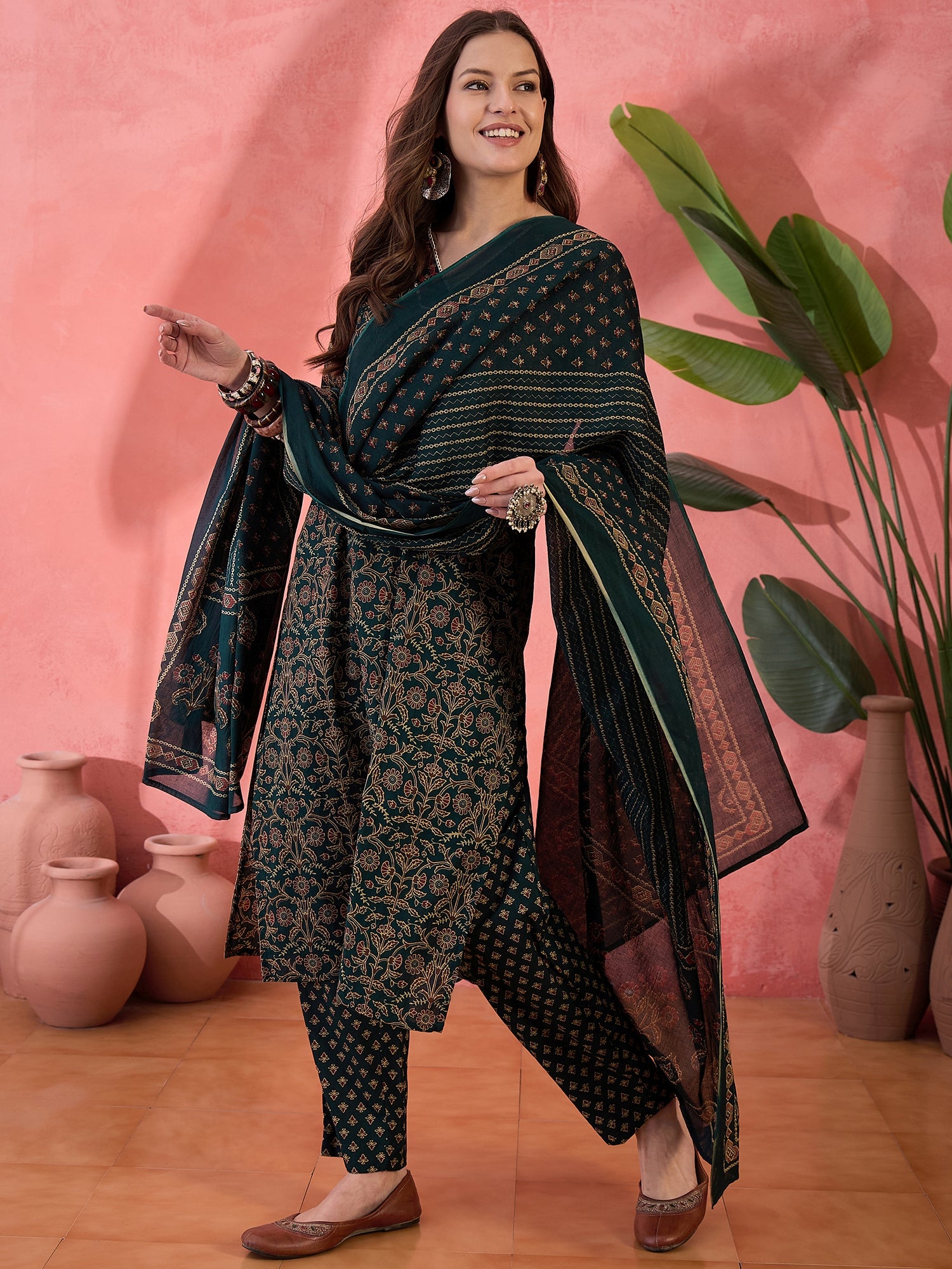 Green Floral Printed Kurta Set for Women
