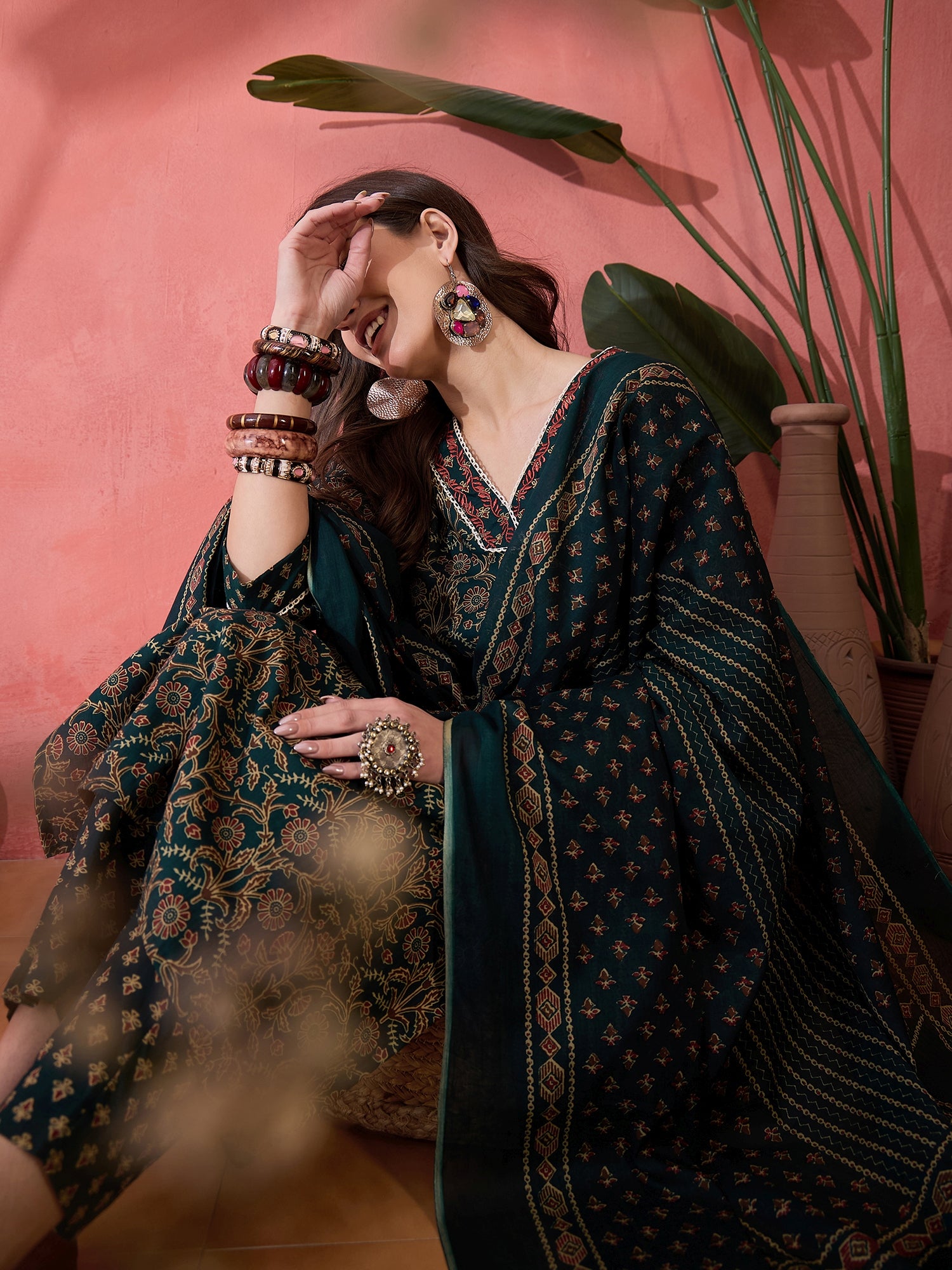 Green Floral Printed Kurta Set for Women