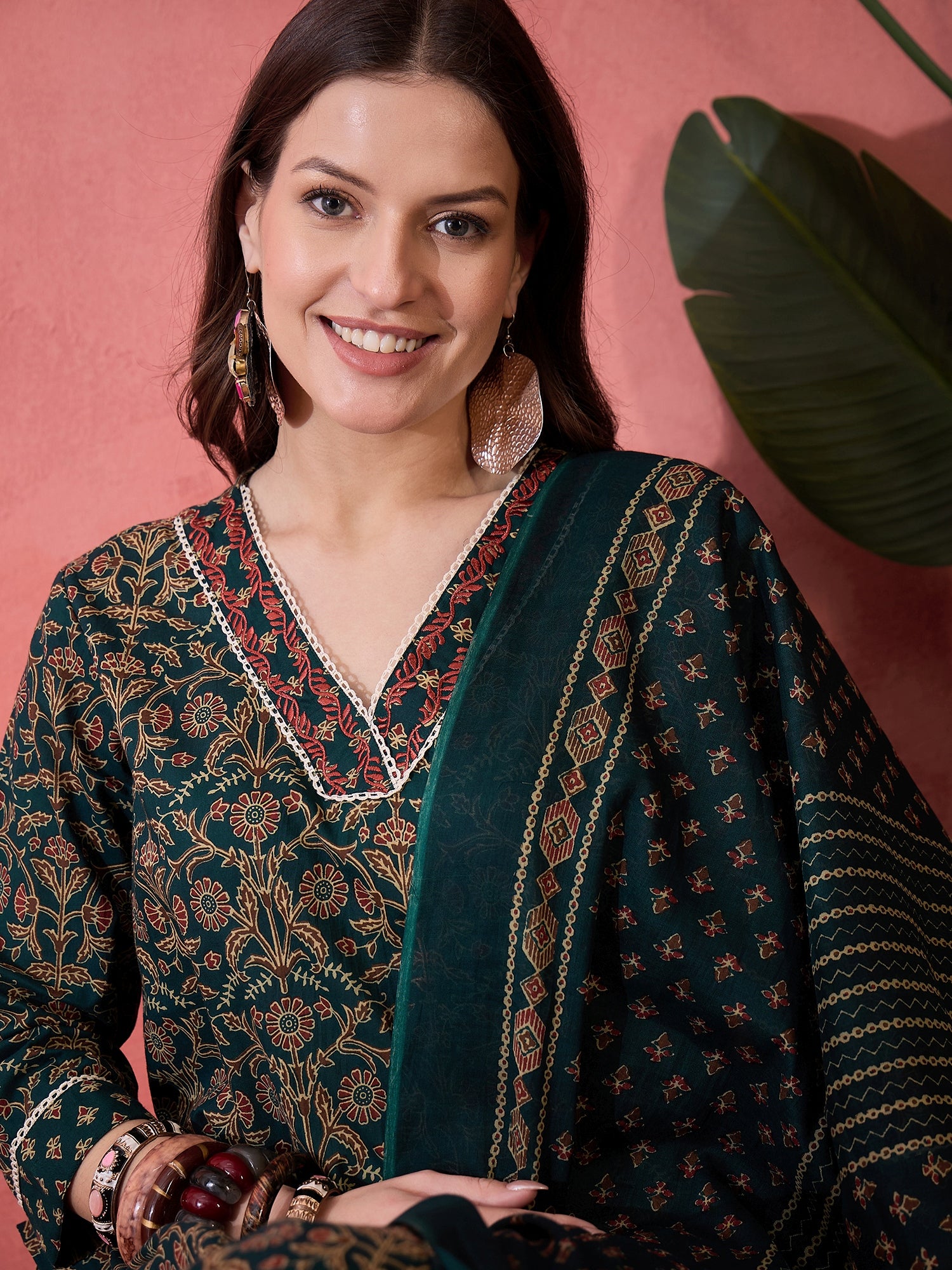 Green Floral Printed Kurta Set for Women