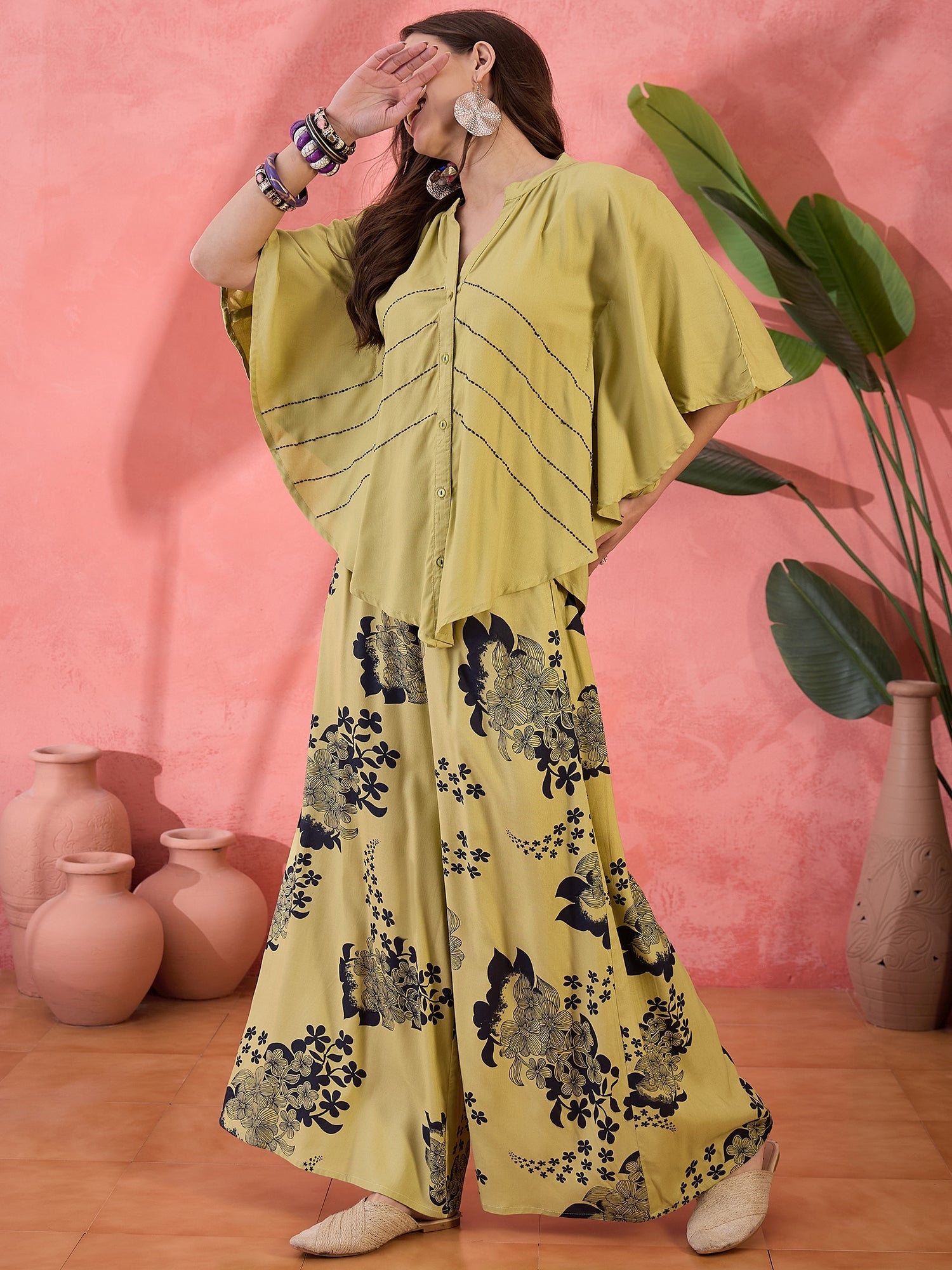 Lime Green Floral Printed Co-ords Set - SanskrutiHomes