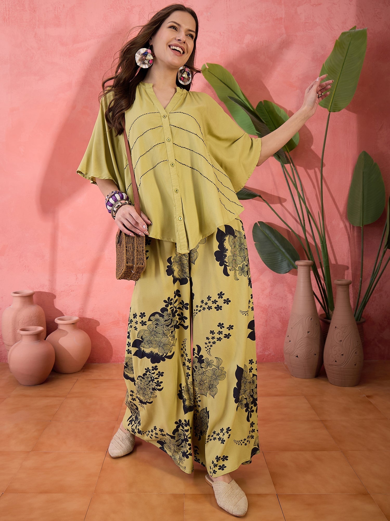 Lime Green Floral Printed Co-ords Set - SanskrutiHomes