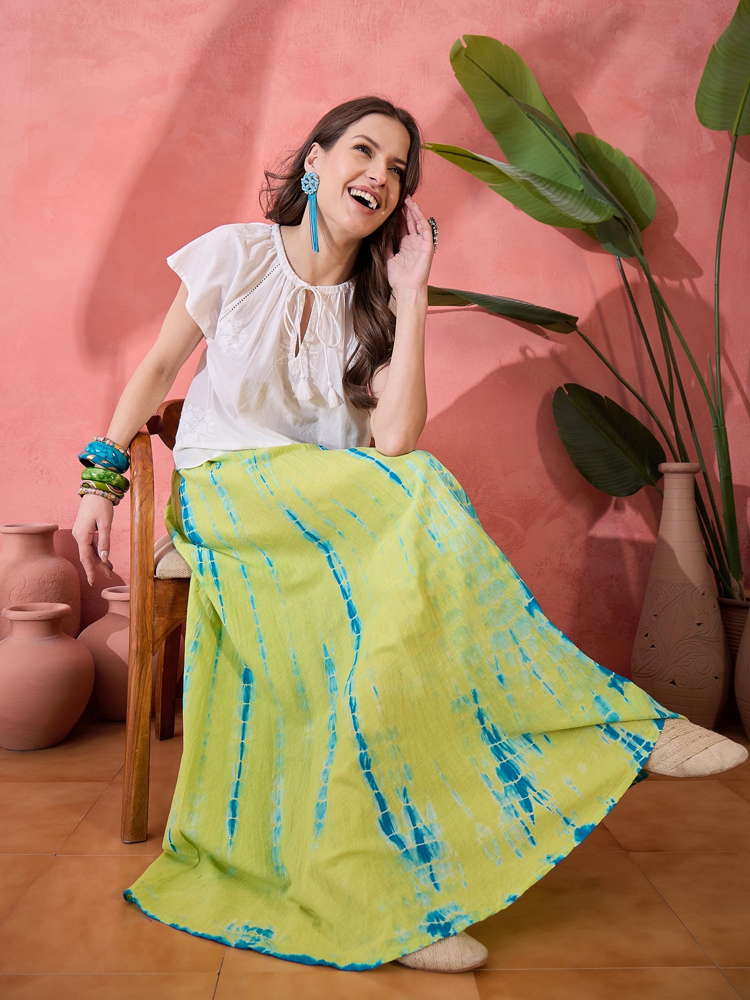 Green Printed Cotton Skirt for Women