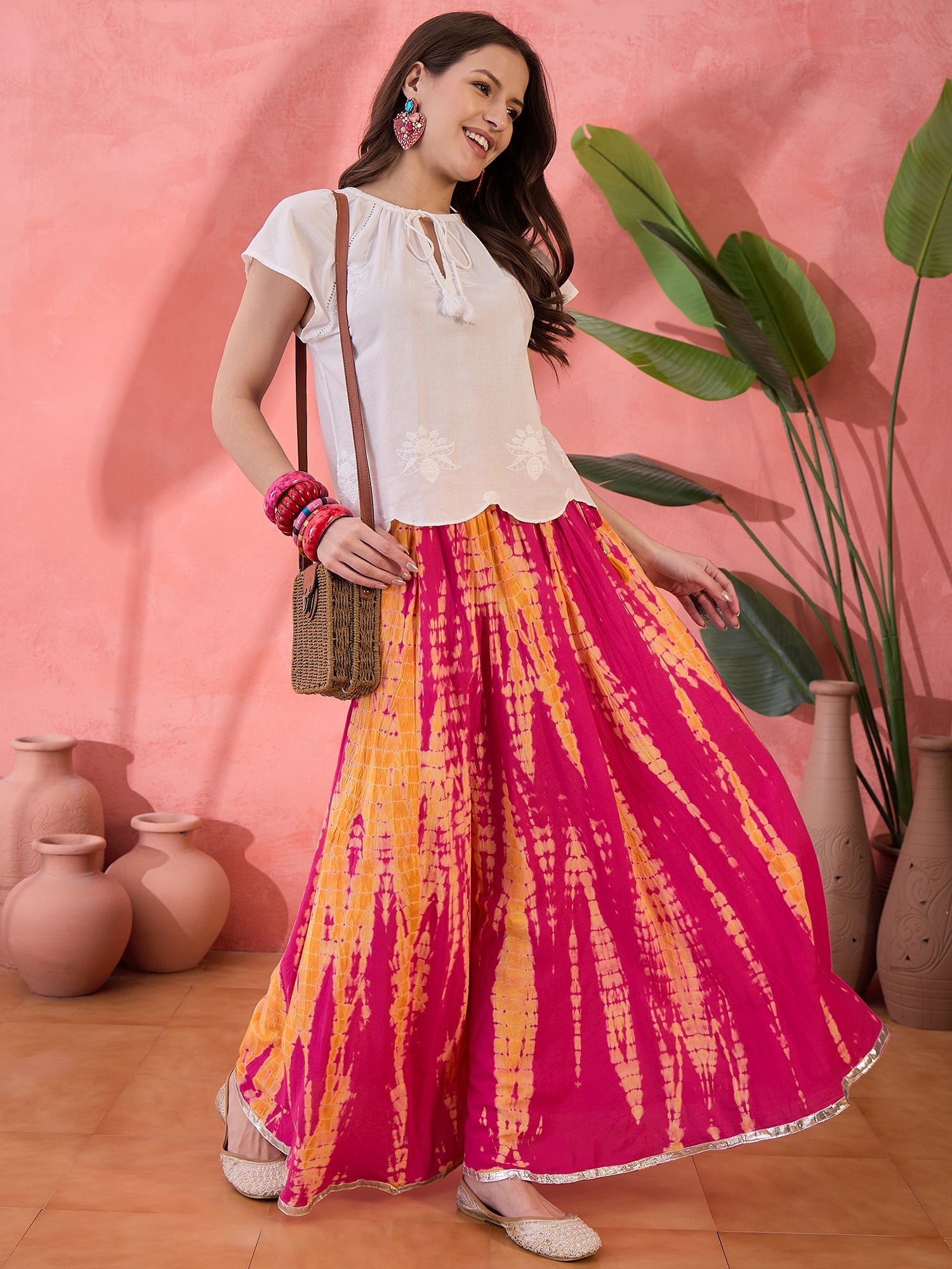 Red Printed Cotton Skirt for Women