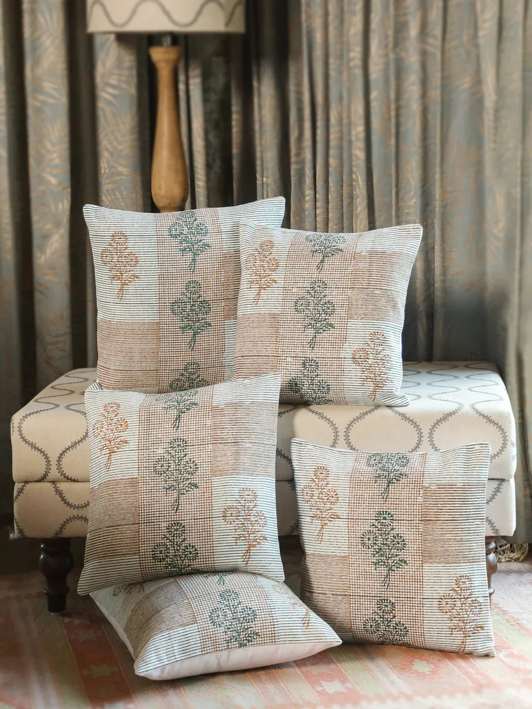 Cotton Green Colour Floral Cushion Covers - SanskrutiHomes