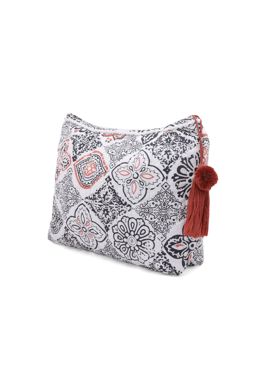 White Cotton Makeup/Travel Pouch with Tassels - SanskrutiHomes