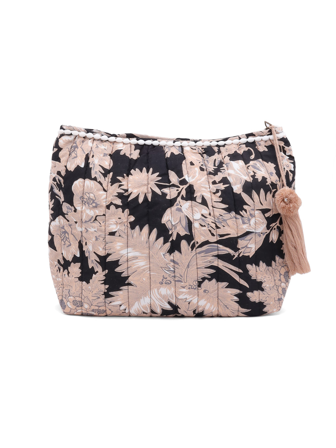 Compact Floral Cotton Pouch Bag with Tassels