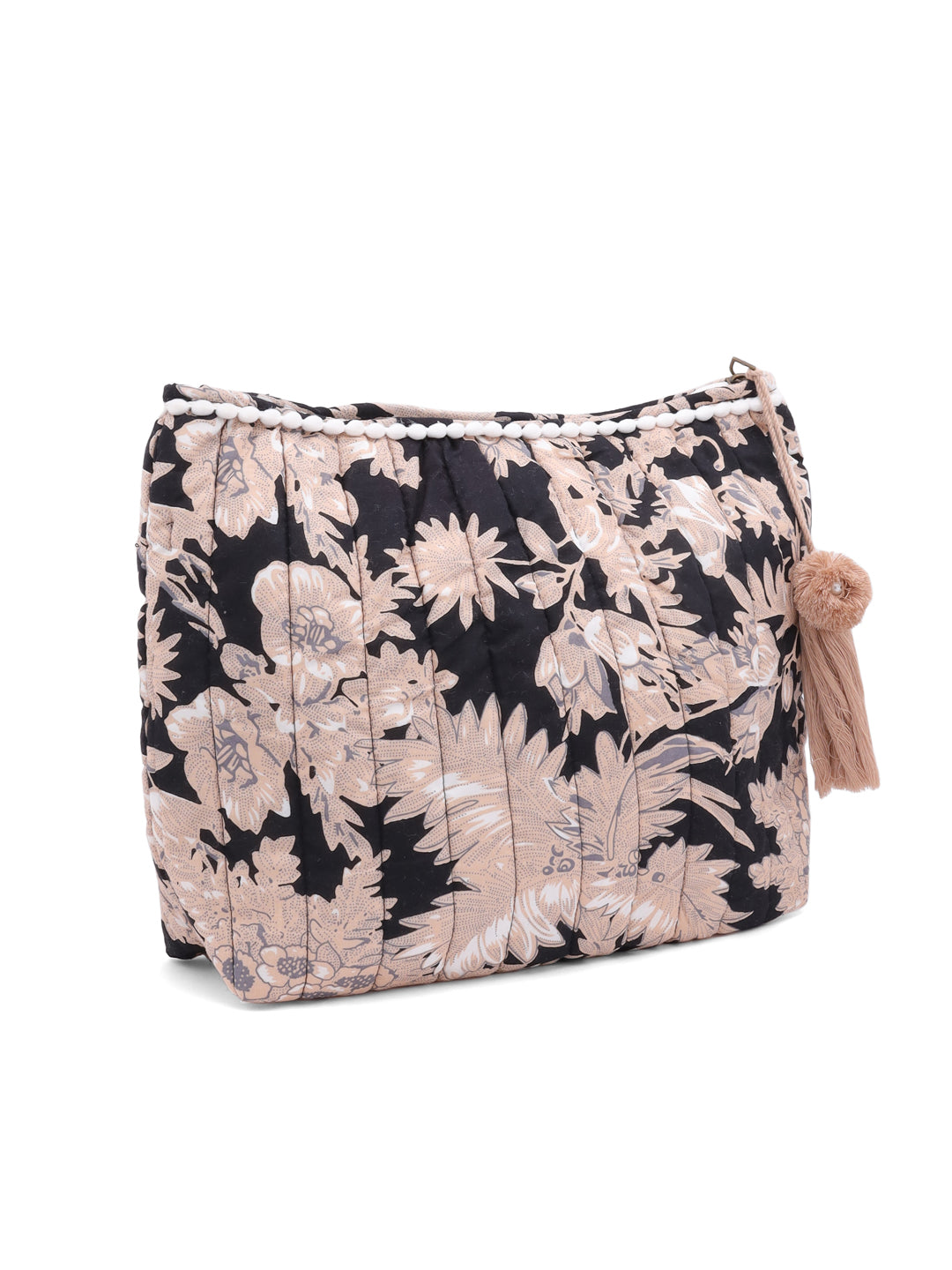 Compact Floral Cotton Pouch Bag with Tassels